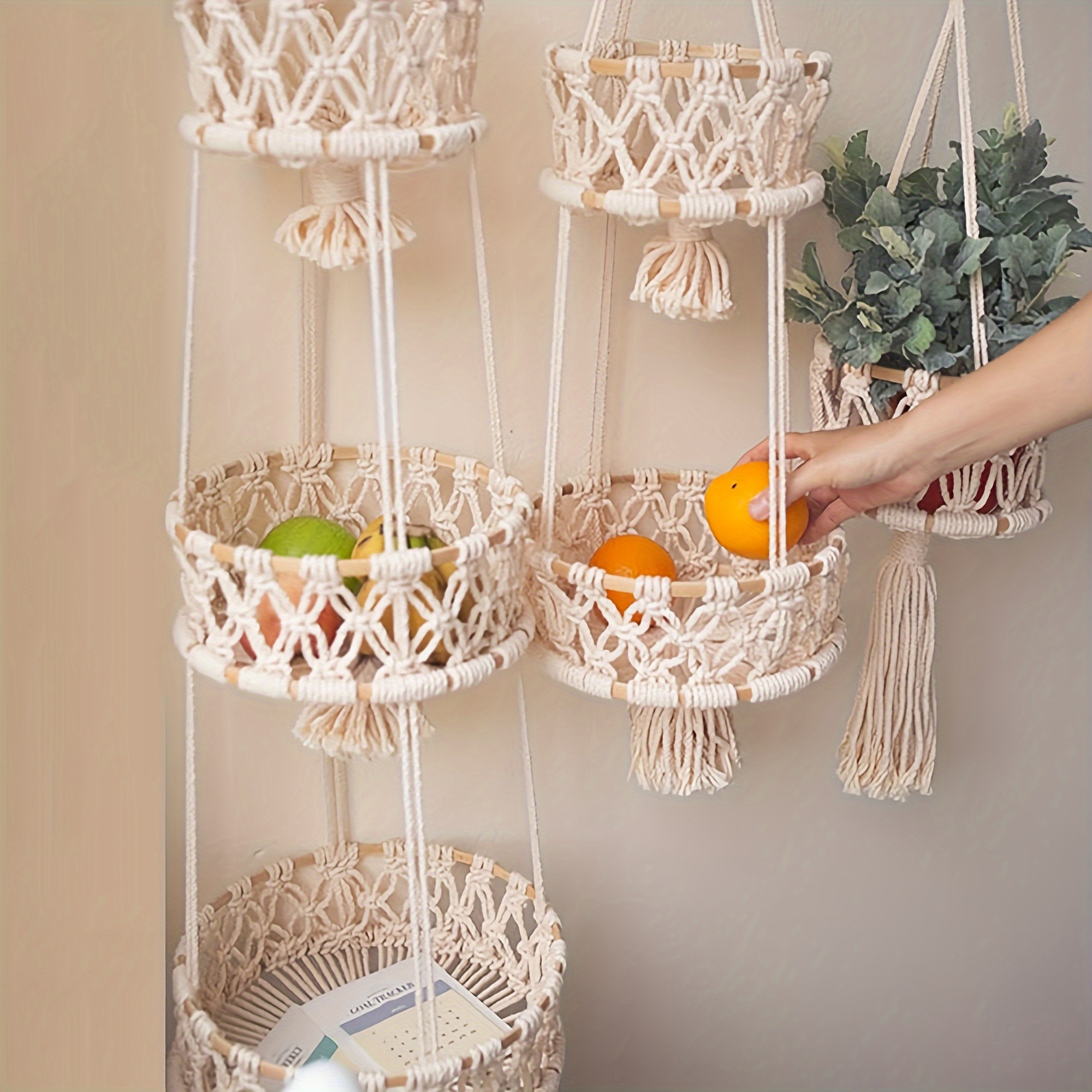 

1pc Hanging Basket, Hand-woven Cotton Rope Storage Basket, Multifunctional Wall Hanging Food Storage Basket, For Fruit, Vegetable And Plastic Bags, Kitchen Organizers And Storage, Kitchen Accessories