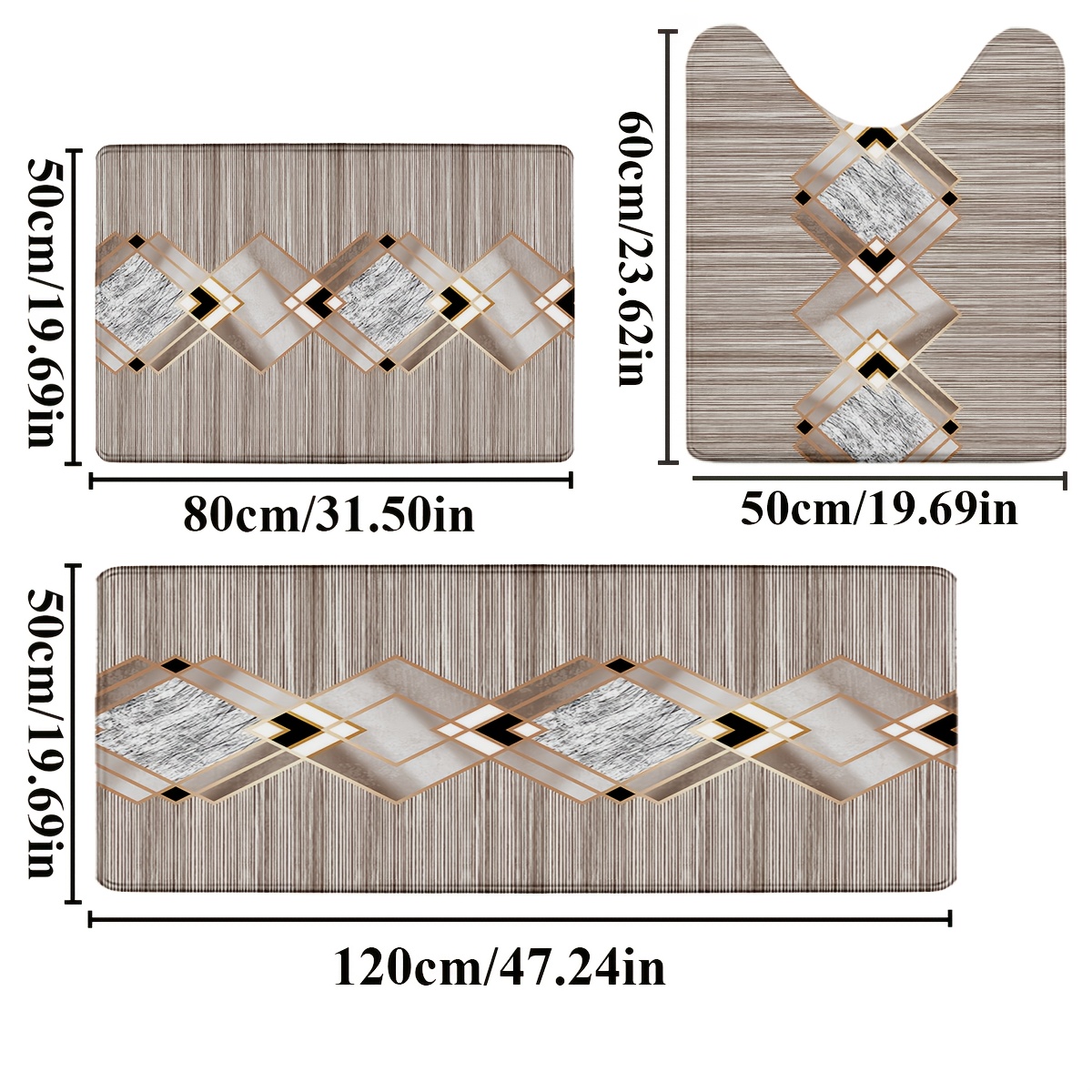 TEMU 2d Flat, 3pcs, 2d Retro Simple Diamond Pattern Printed Floor Mat Combination Suitable For Bathroom Area Bathroom Floor Mat Combination Bathroom