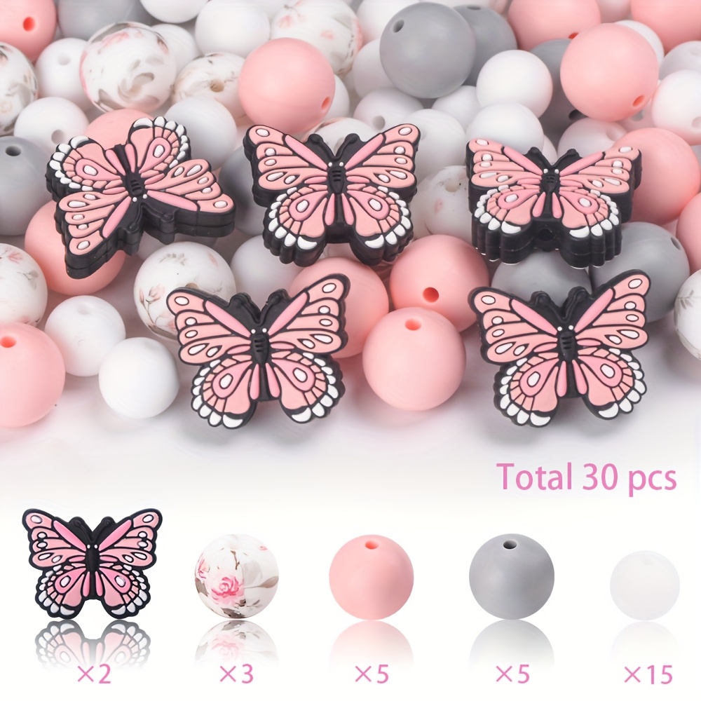 TEMU 30pcs Silicone Beads, Jewelry Making Kit, Containing Pink, Purple, Yellow, Blue, Green Silicone Beads Of Shape And 12/15mm Round Silicone Beads.