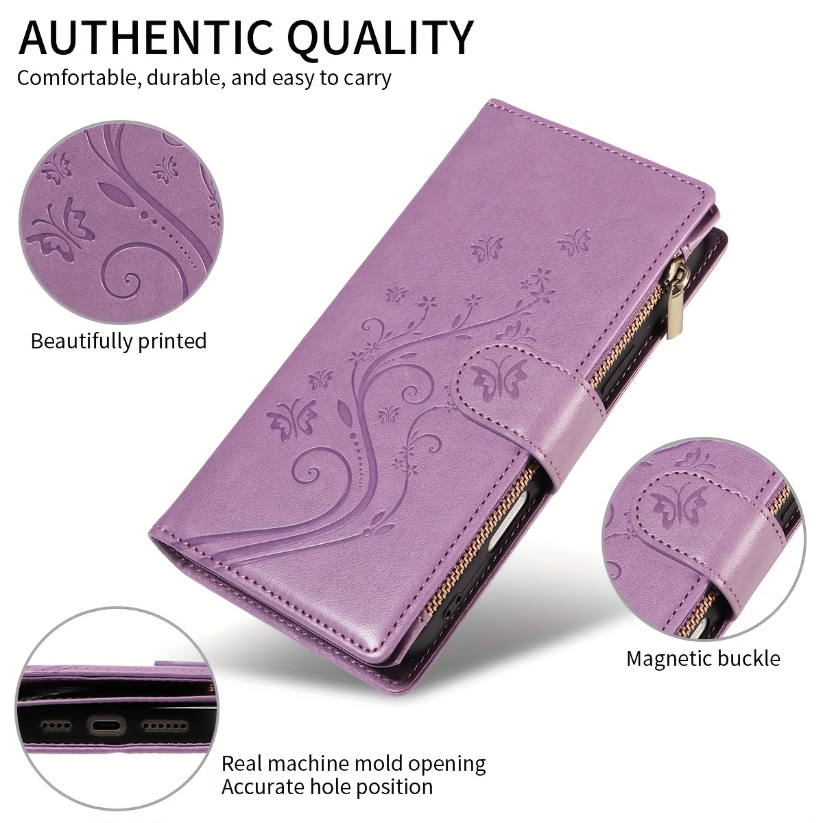 TEMU Phone Case: Embossed Wallet Style Synthetic Leather Magnetic Closure Phone Case With Coin Pocket, Card Slots, And Wrist Strap, Suitable For