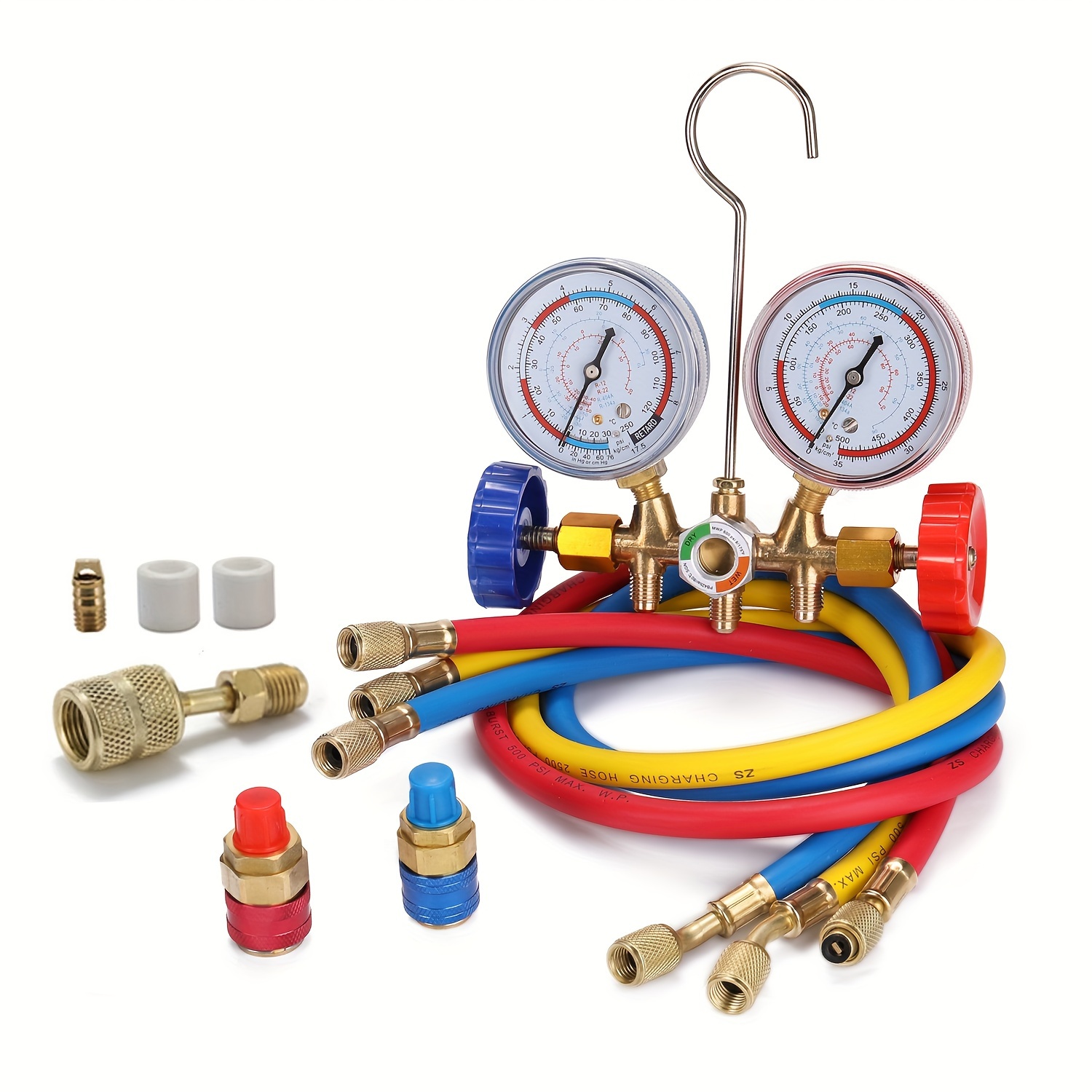 

Ac Manifold Gauge Set With Hoses & Adapters 3-way A/c Gauges For R134a, R22, R12, R404a Refrigerants Charging And Hvac