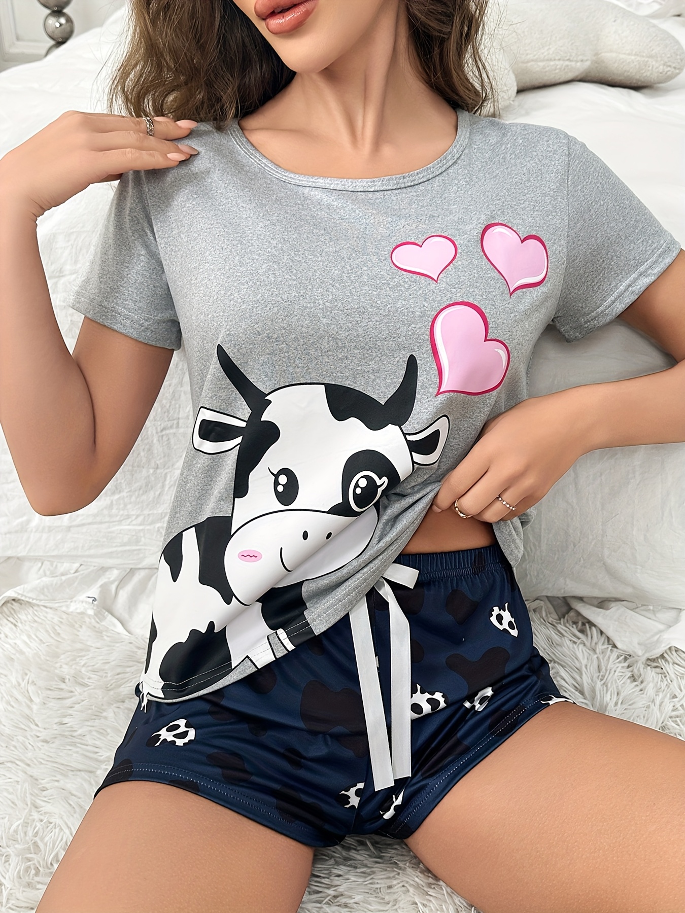 womens cute cartoon cow print pajama set short sleeve round neck top shorts comfortable relaxed fit Product details 1