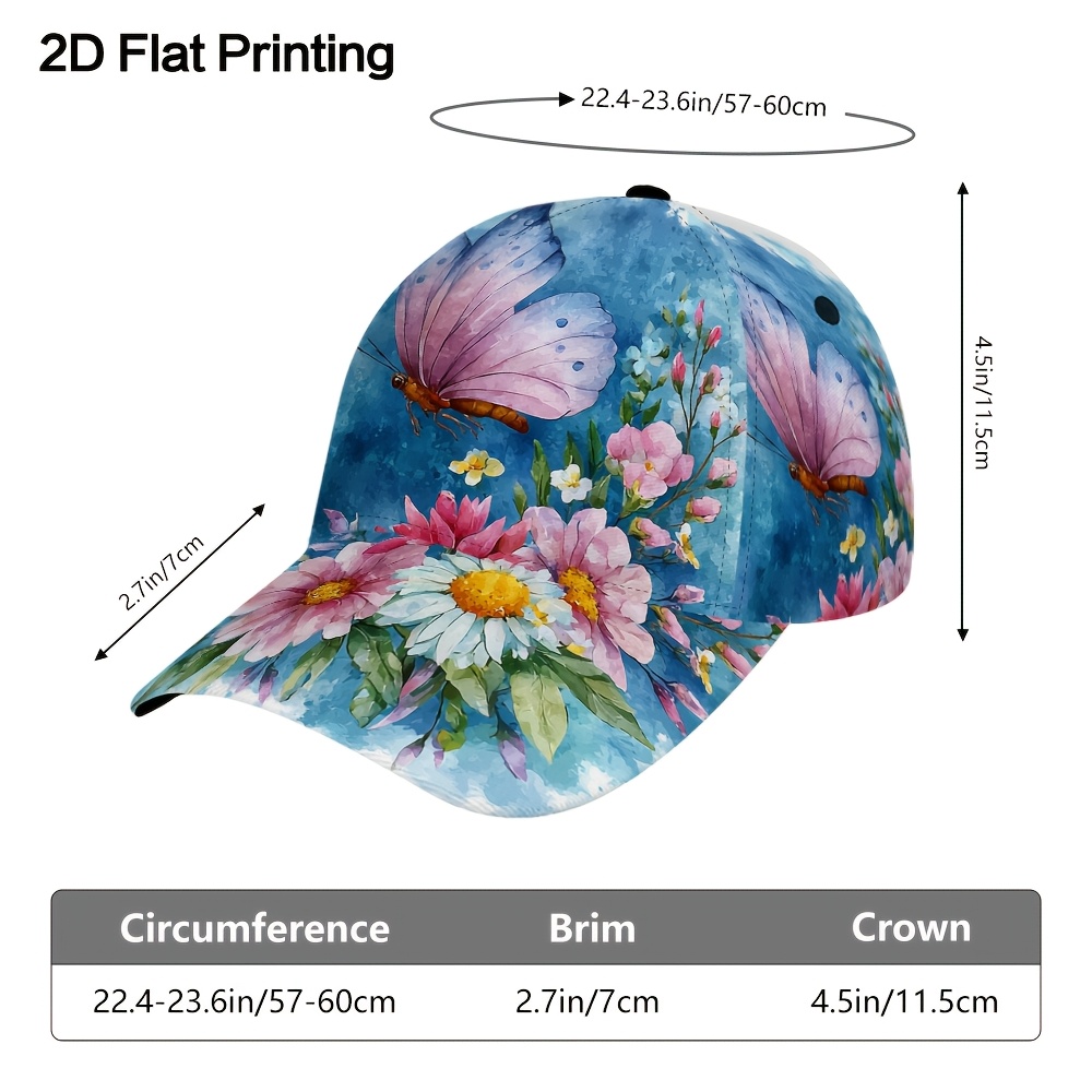 TEMU Casquette de baseball 1 pièce avec impression 2D à plat de papillons de printemps et de fleurs, design pour un et les , parfaite pour Halloween,