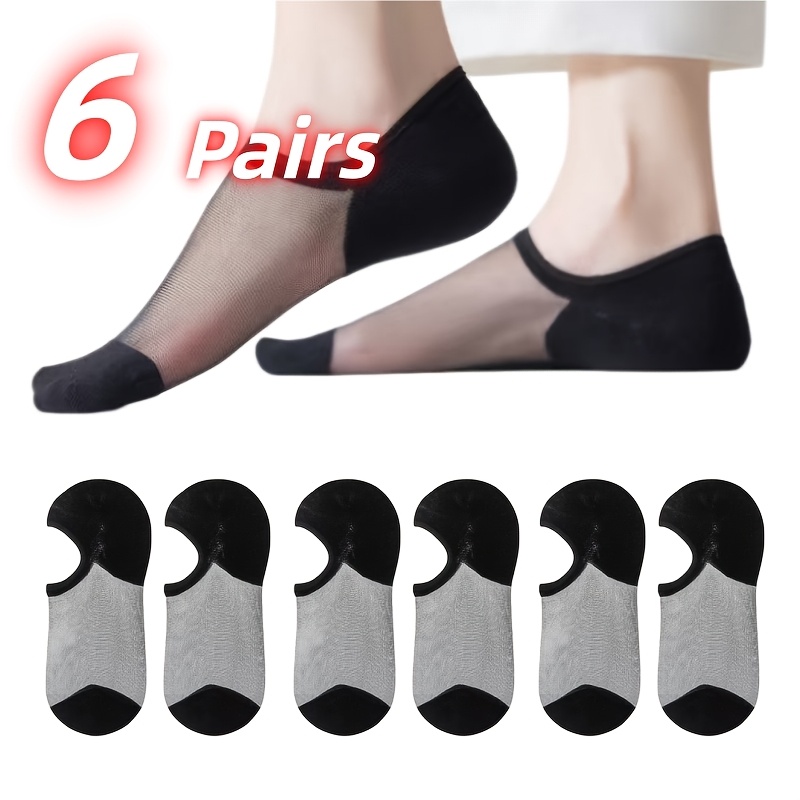 TEMU 6-pair Single-color Options, Fabric Invisible Socks For Women, Summer Thin Style, Breathable Anti-slip Heel Shallow-cut Glass Fiber Stockings,
