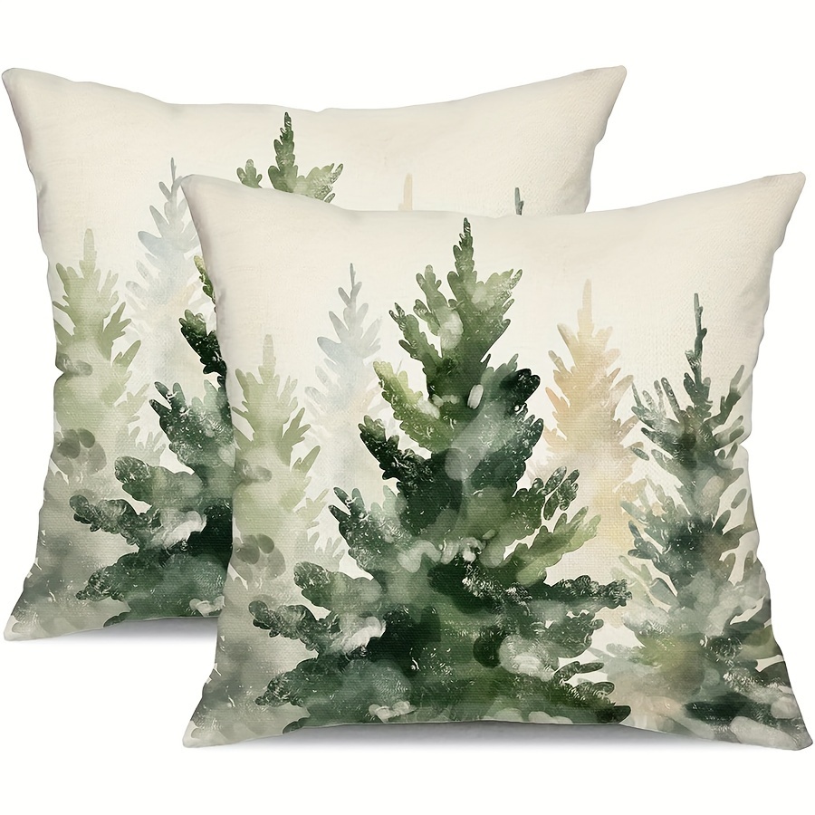 

2pcs Rustic Christmas Throw Pillow Covers - Watercolor Tree Design, White Polyester, Zip Closure, Machine Washable - Perfect For Sofa & Bedroom Winter Decor (pillow Insert Not Included)