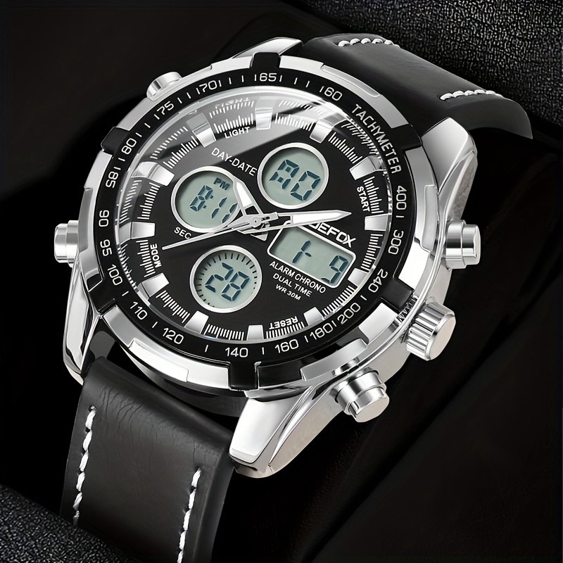 Men'S Watch Featuring an Elegant Sports Design, Equipped with a Faux Leather Band, Luminous Display, Alarm Function, And Dual Time Zones