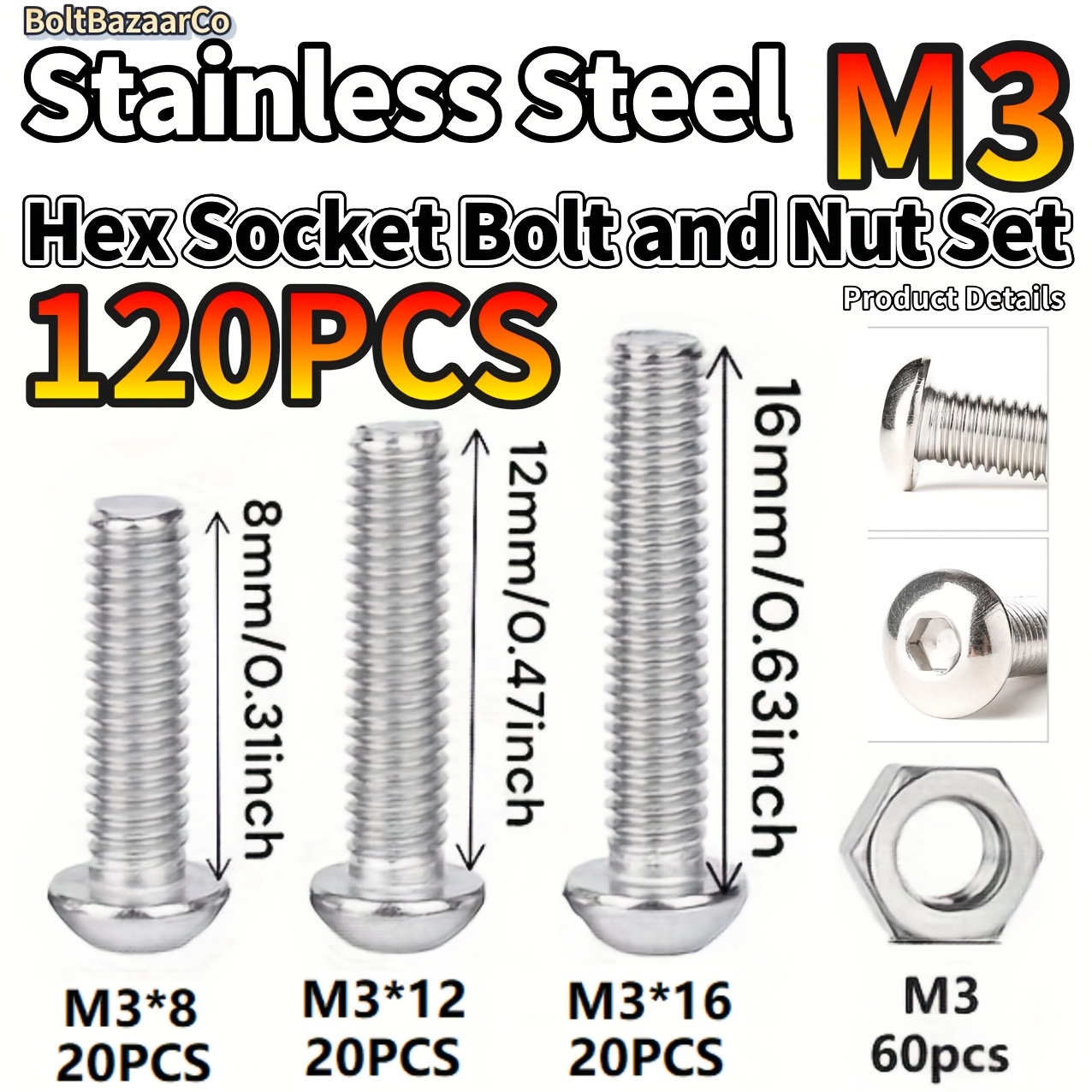 Image of 120 Hex Socket Head Cap Screws Nuts Assortment Kit, Model: M3 Nuts, M3*8/12/16 Bolts, For Machinery Manufacturing And Maintenance