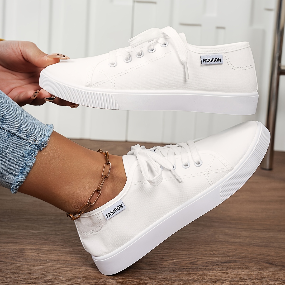 classic white flats fashionable women featuring a Temu Oman