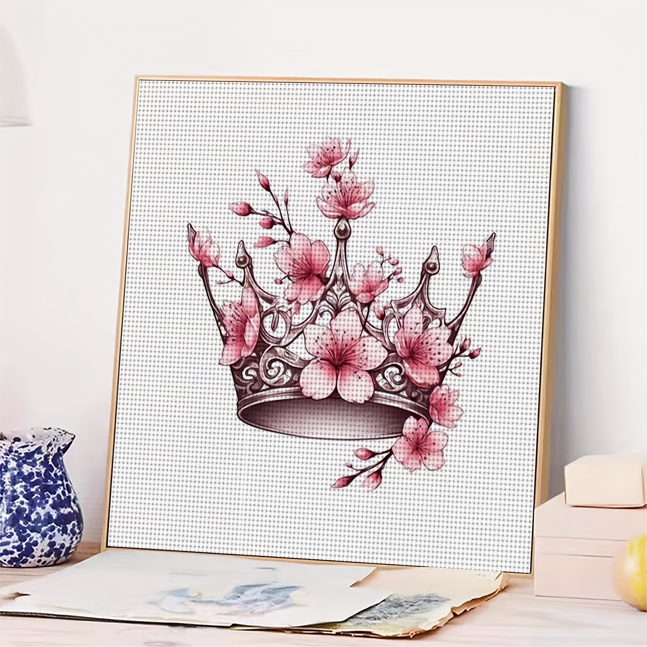 Printed DIY Cross Stitch Kit, "Pink Flowers with Crown" Pattern for Beginners