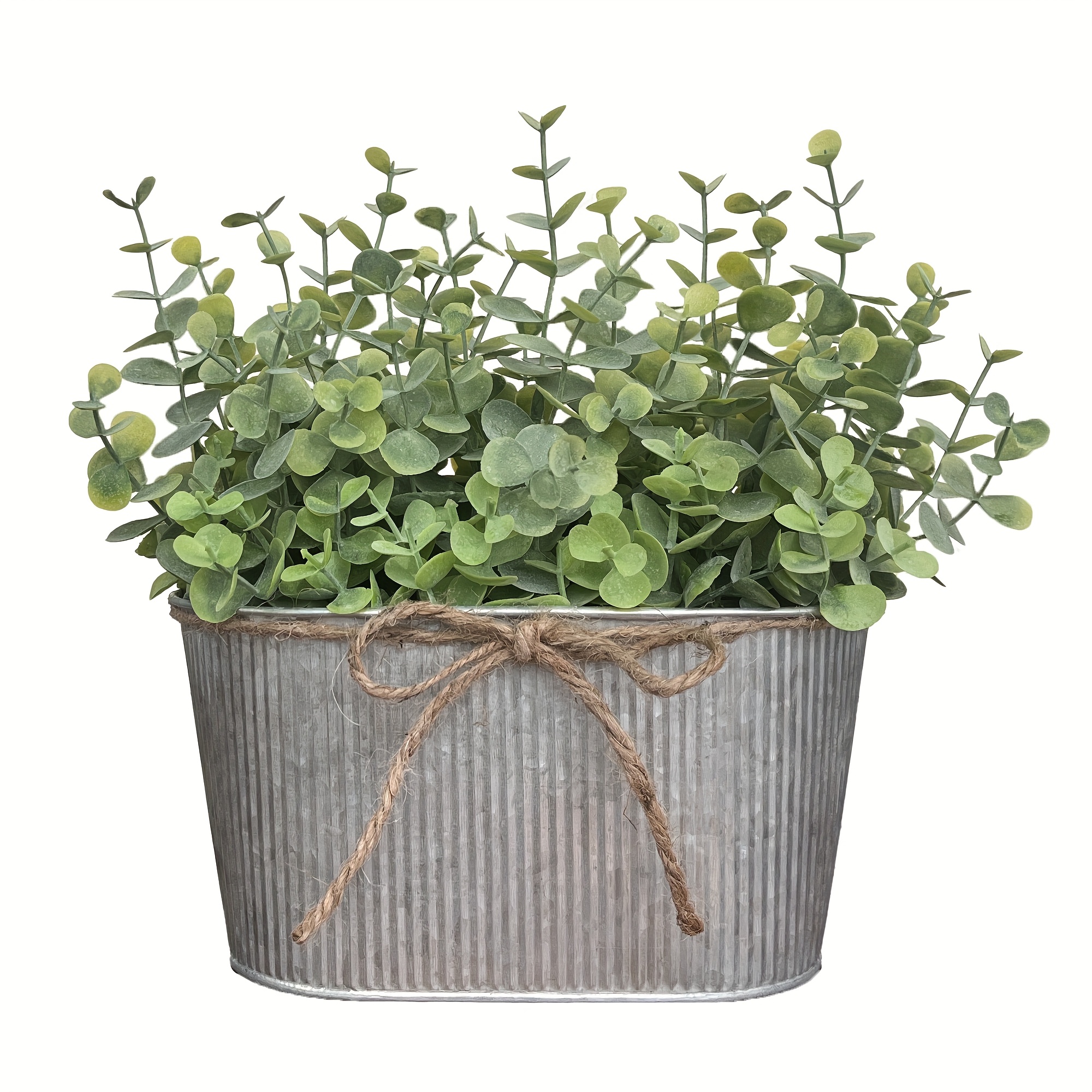 

Artificial Eucalyptus Rectangular Metal Pot With Jute Decoration, Realistic Potted Eucalyptus With Flocking Layer For Rustic Home And Office Décor