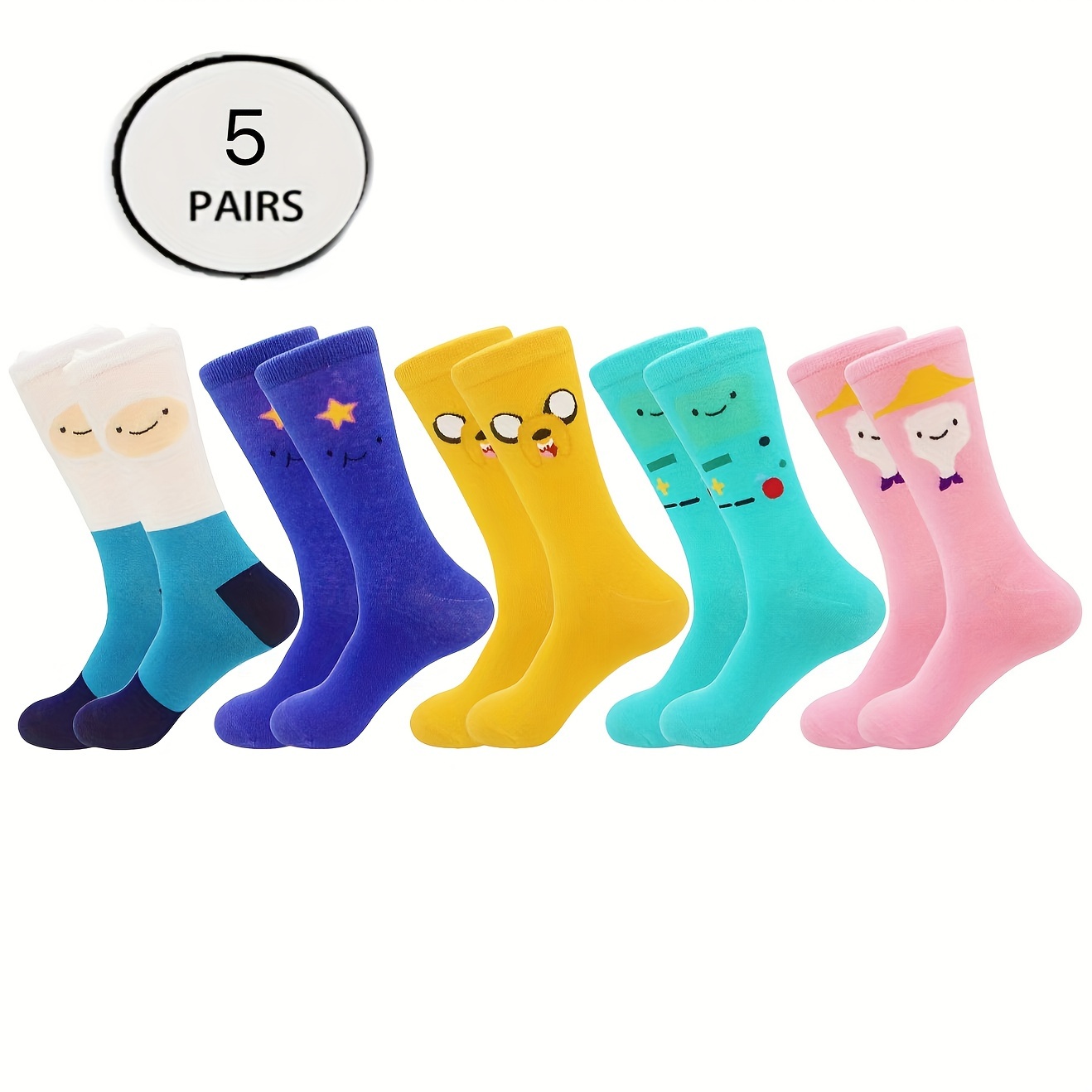 

5 Pairs Cartoon-themed Crew Socks For Women - Polyester And Spandex , Machine Washable, Knit Fabric, Cute , Mid-calf Height