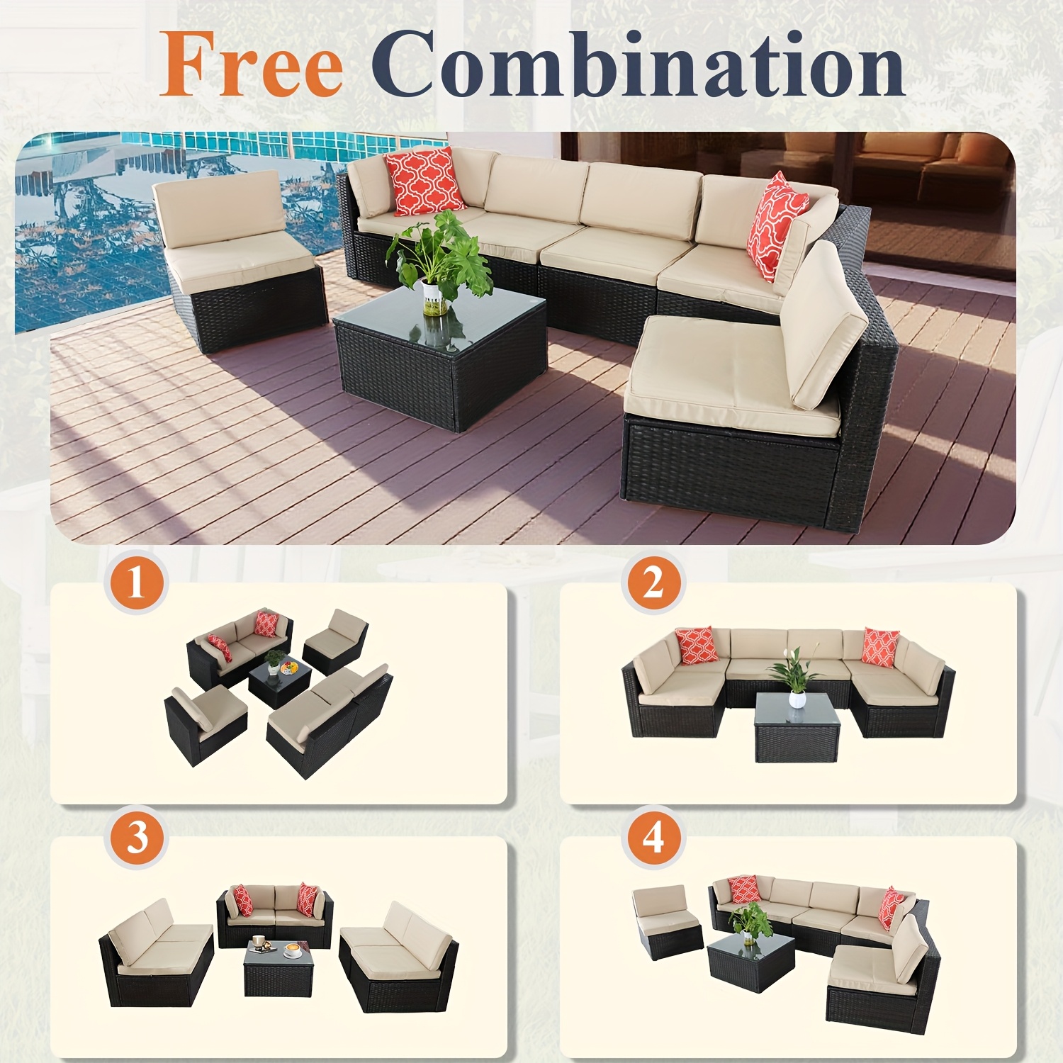 Outdoor Patio Furniture Set, 7pcs Wicker Sectional Sofa And Coffee Table, Plush Cushions With 2 Soft Pillows, Rattan Patio Set For Porch, Garden, Or Backyard (Beige/Blue) - Patio Furniture Outdoor
