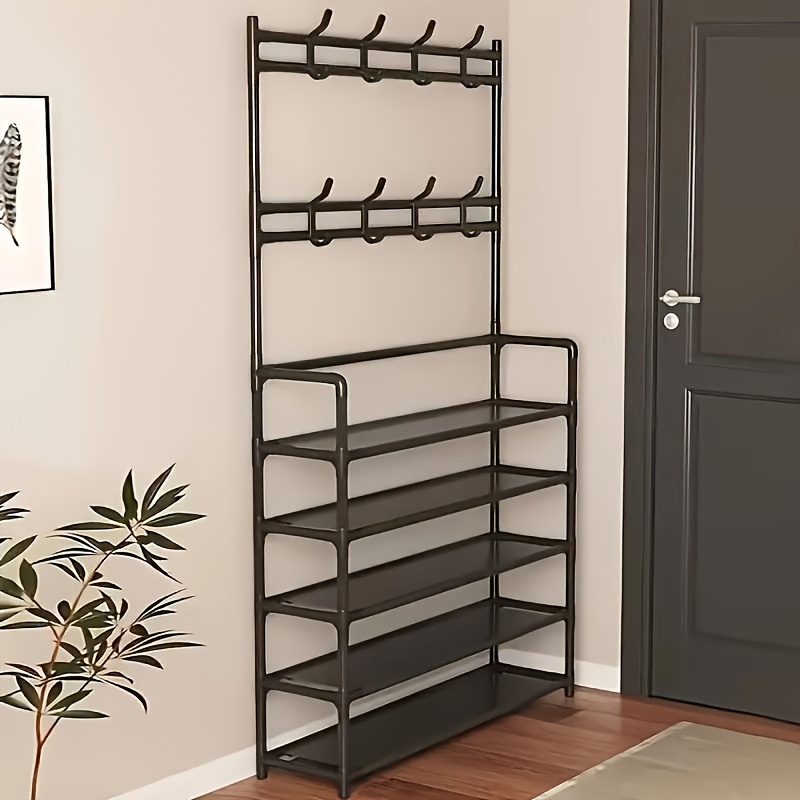 

1pc Multifunctional 5-tier Metal Freestanding Shoe And Hat Rack With 8 Hooks, Stainless Steel Storage Organizer For Shoes, Coats, Scarves - Floor Mounted For Hallway, Living Room