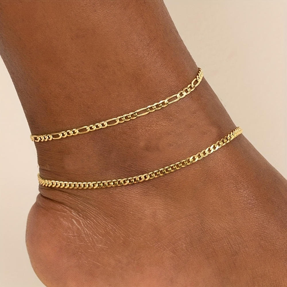 2pcs Hop Double Layer Stacked Stainless Steel Chain Anklet Set Women Suitable For Beach Vacation Wear