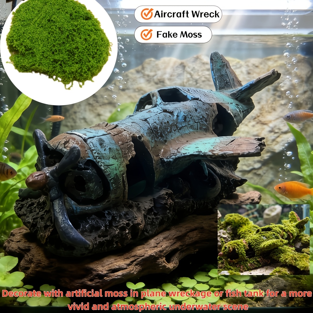 TEMU 2pcs Set Airplane With Artificial Moss Aquarium Decoration, Fish Tank Hideout Ornament, Realistic Underwater Landscape For Aquatic Pets