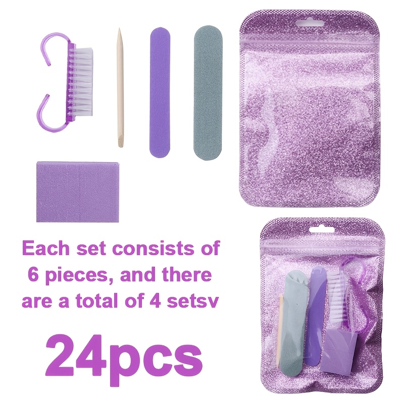 TEMU 24pcs Purple Nail File And Cuticle Stick Set, 6pcs/set Including Nail Files, Brushes, And Blocks - Complete Manicure/pedicure Tool Kit, Suitable