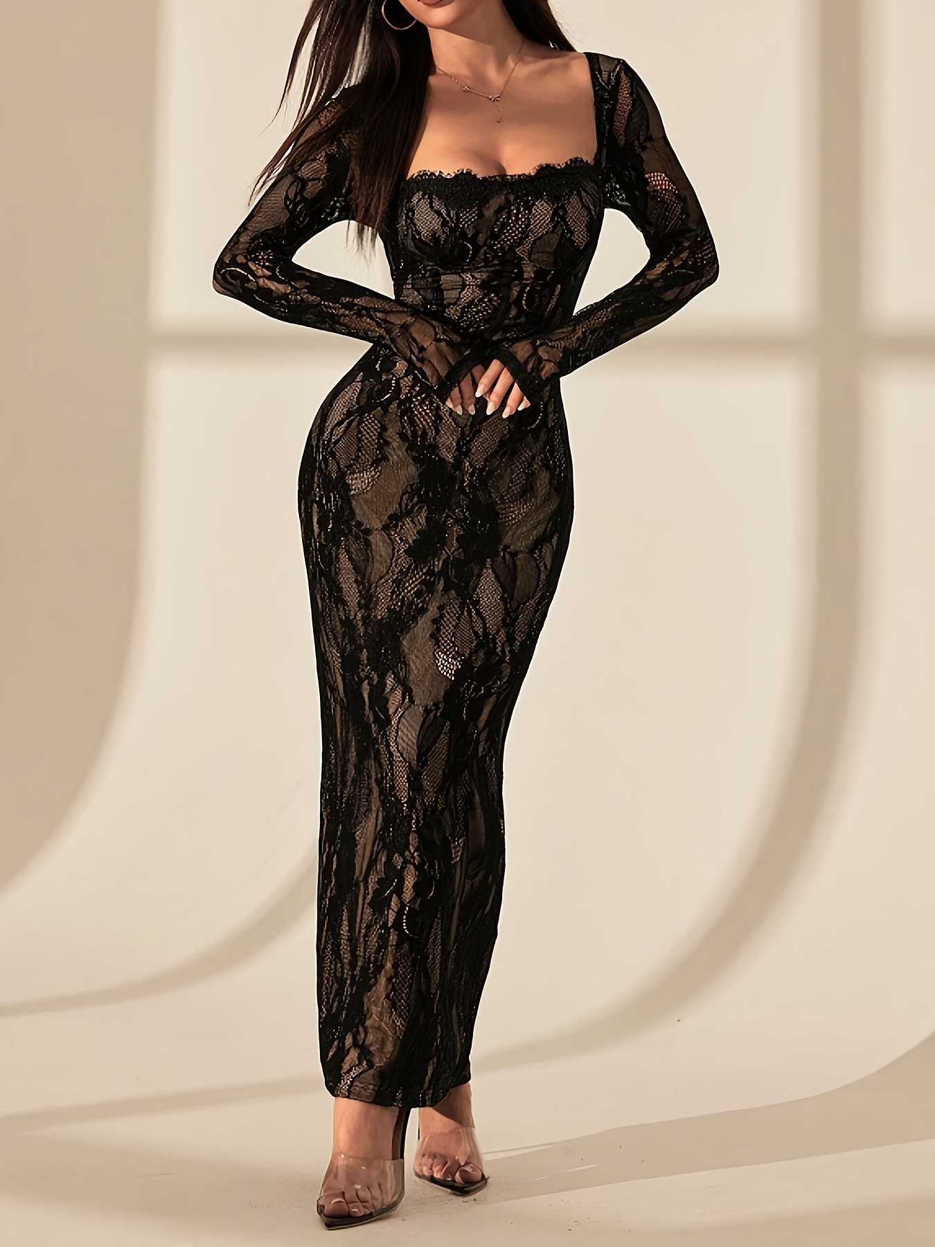 zj1011022 womens lace long sleeve boned square neck bodycon - Temu Oman