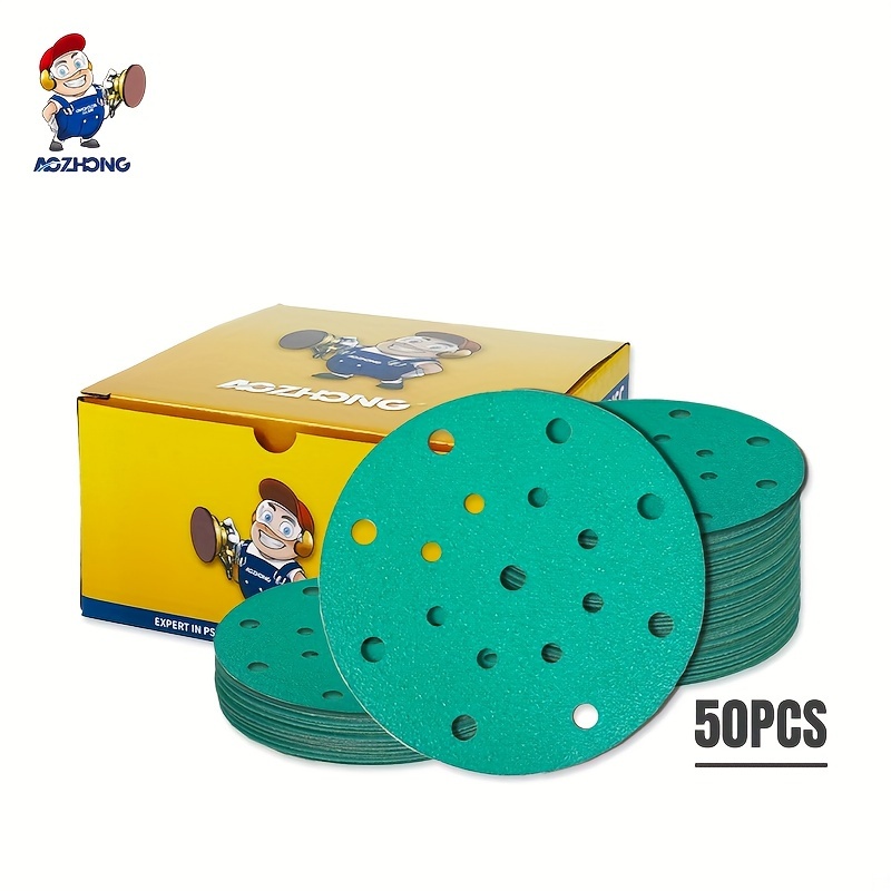 

50pcs 6-inch 17-hole Green Film Sanding Discs, Wet Or Dry Heavy Duty Sandpapers, P60-p3000 Assorted Grits For Auto Polishing, Hook And Loop Backing