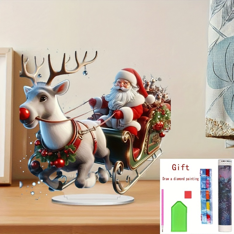 

Christmas Acrylic Diy Desktop Decor, Lifelike Santa Claus And Reindeer Sleigh Figurine, Craft Sculpture, Festive Bedroom Ornament, Multicolor