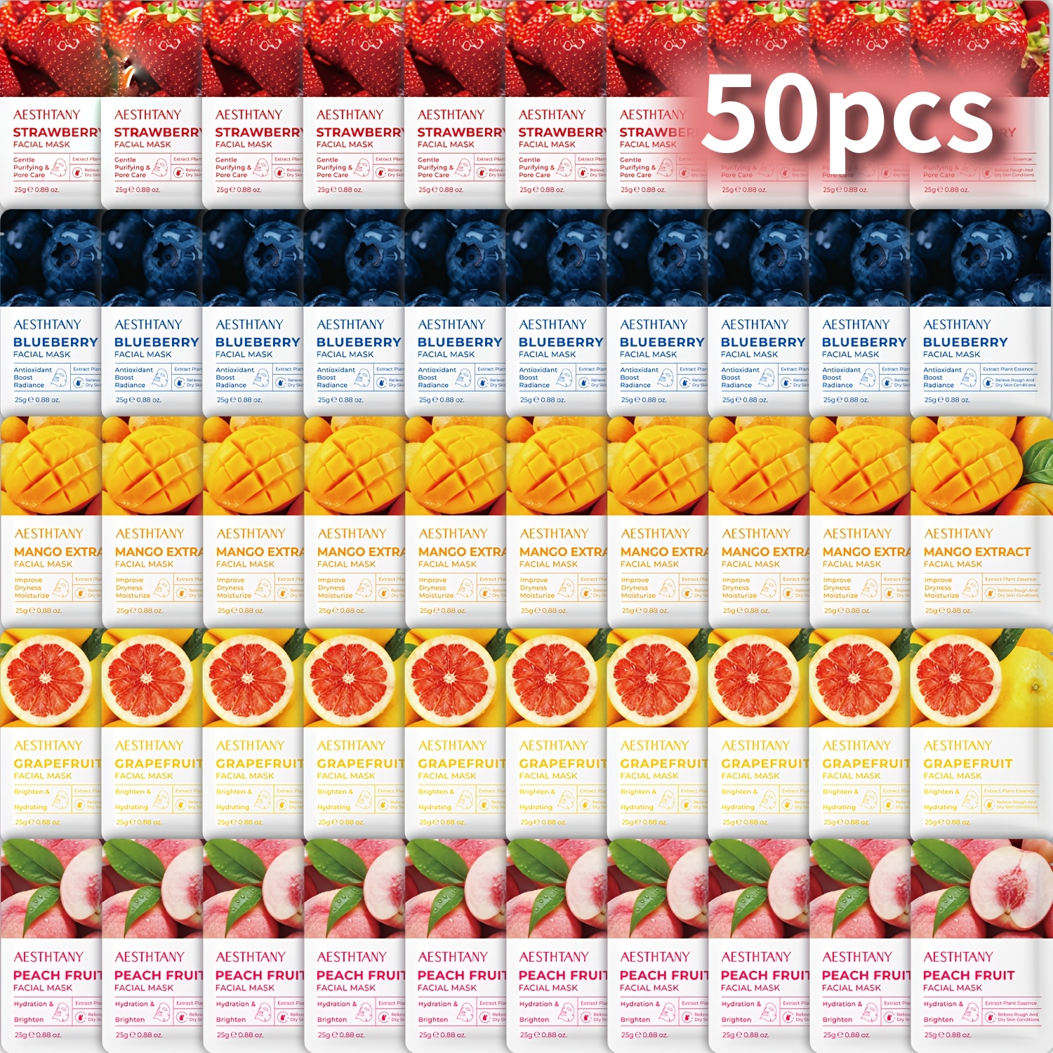 TEMU 50pcs Multiple Functions Fruit Masks, Strawberry, Peach, Blueberry, Mango, Grapefruit, Contains Multiple Vitamins, Plant Extract Formula, Make