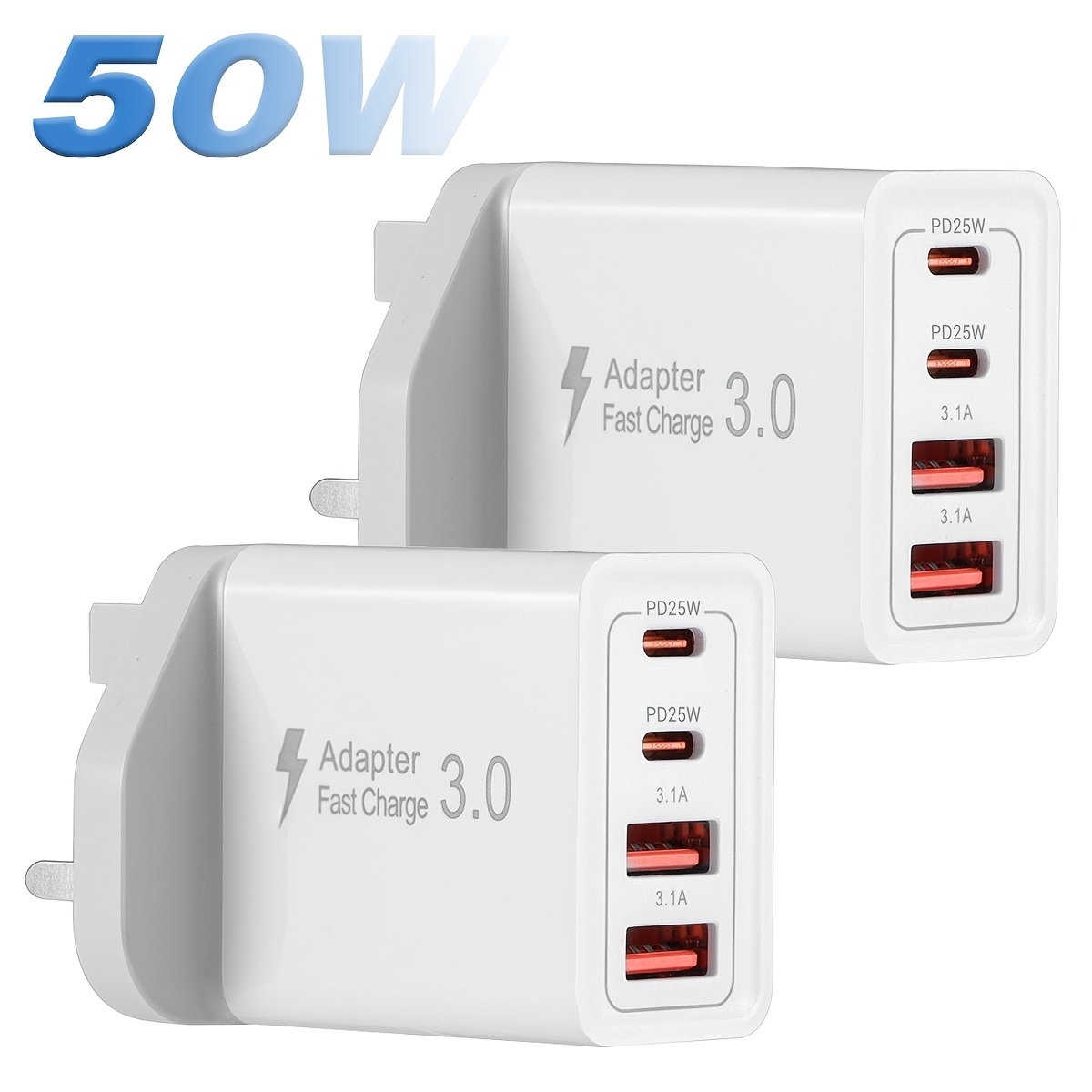 TEMU [2 Pack] Usb C Plug, 50w 5-port Fast Charger Plug Uk Type C Pd Power Adapter Wall Charger Block Compatible With Iphone 16/15/14/13/12/11/galaxy