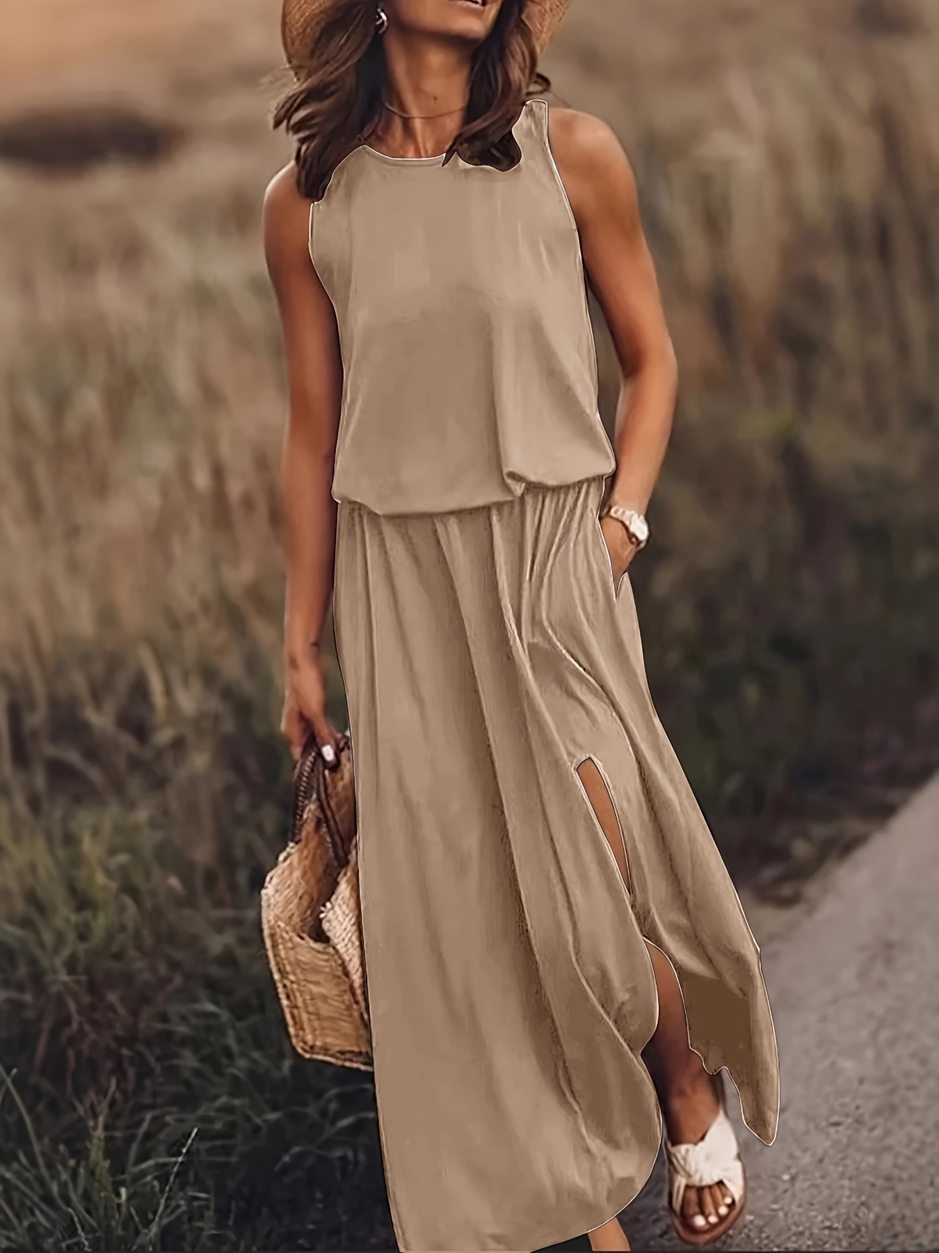 womens elegant sleeveless midi dress solid color black loose fit stretchy with side   round neck casual to semi formal   machine washable dress summer outfit twist front design flowy fabric details 5