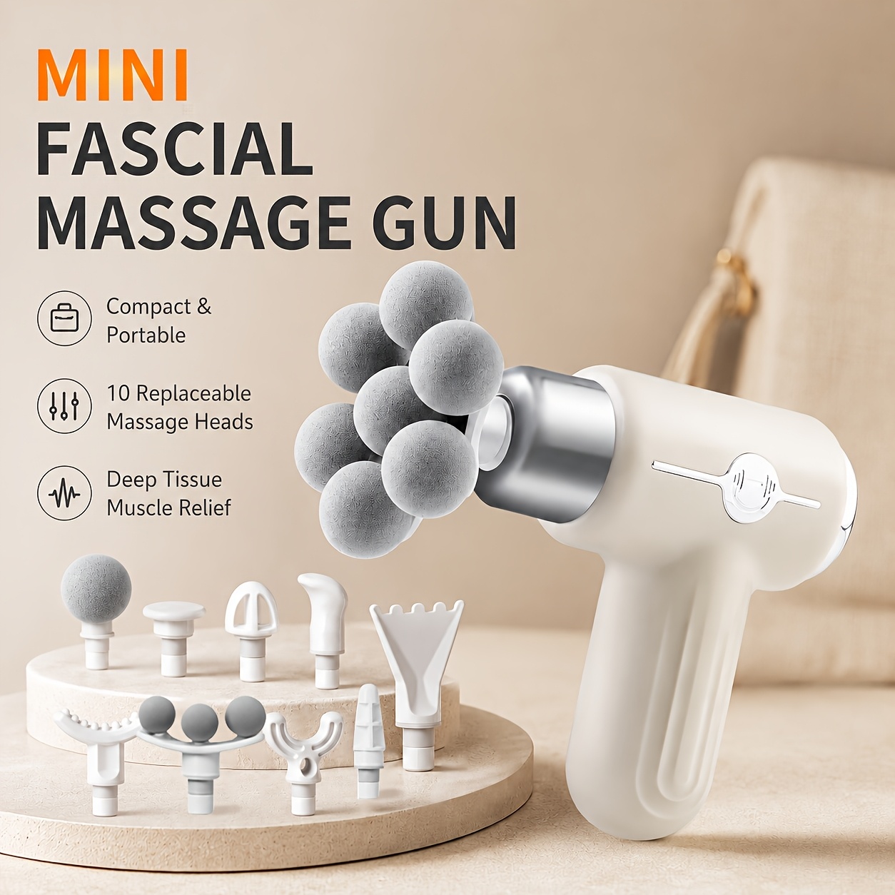7-Head Rechargeable Massager Gun/10 Interchangeable Heads & USB/Quiet Portable Muscle Massager/Full Body, Ergonomic Back Massager/Travel, Gym, Athletes/Ideal Gift for Muscle