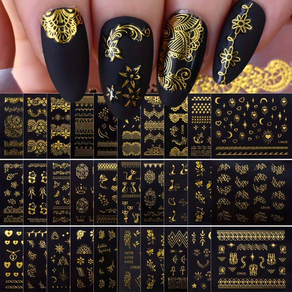 

30pcs Golden Foil Nail Art Stickers Set - Self-adhesive Metallic Decals With Stars, Moons, For Diy Manicure