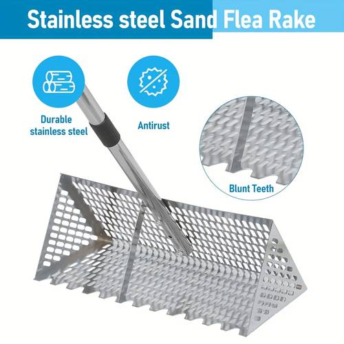 stainless shovel foldable tooth net sand flea rake clam rake with adjustable length long handle multi functional beach scoop and sifter tool for in sand at the litter non durable comfortable suitable for lakes and ergonomically designed