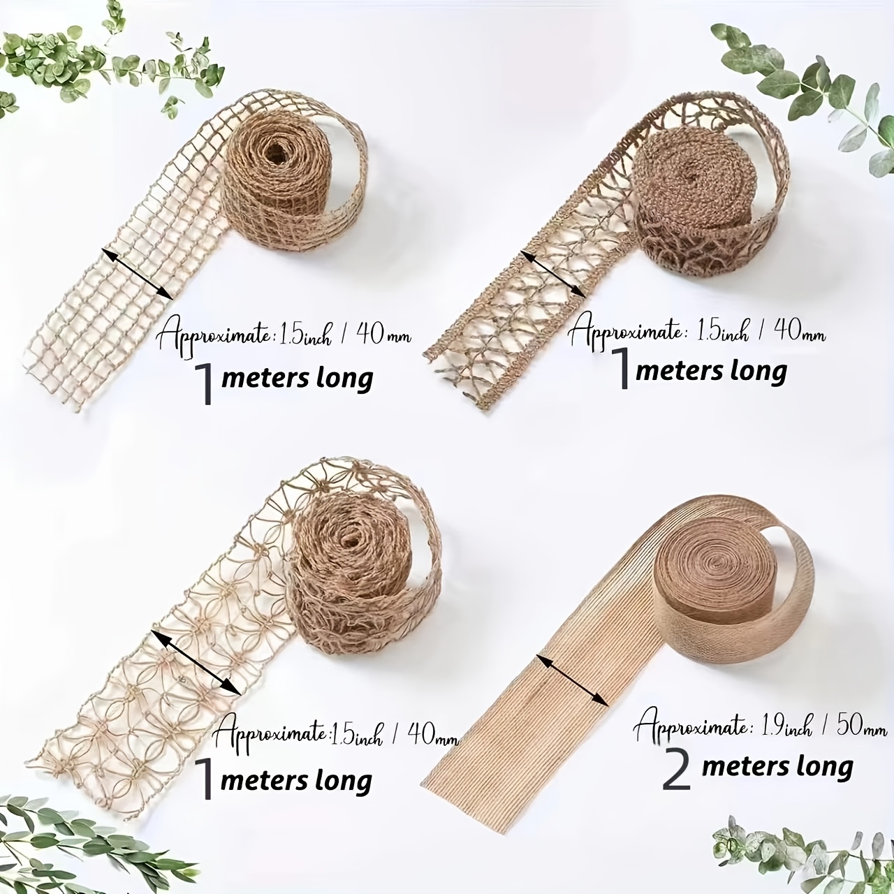 TEMU 4 Rolls Of Natural Jute Burlap Ribbon - 5 Cm Wide - For Crafts Wedding Decoration And Home Decor Decorative Woven Ribbon Earthy Beige Textured