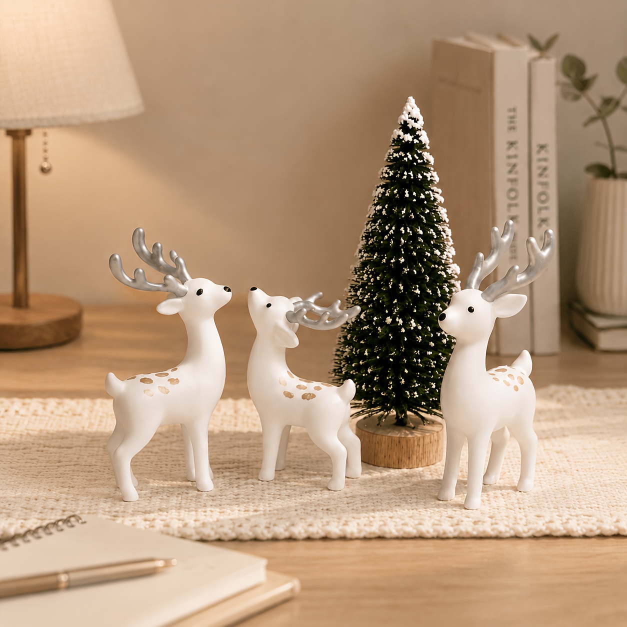 TEMU 4pcs Christmas Reindeer Decoration Set, Featuring Figurines And A Snow-covered Tree, A -themed Desktop Decoration, Available Designs, A Festive