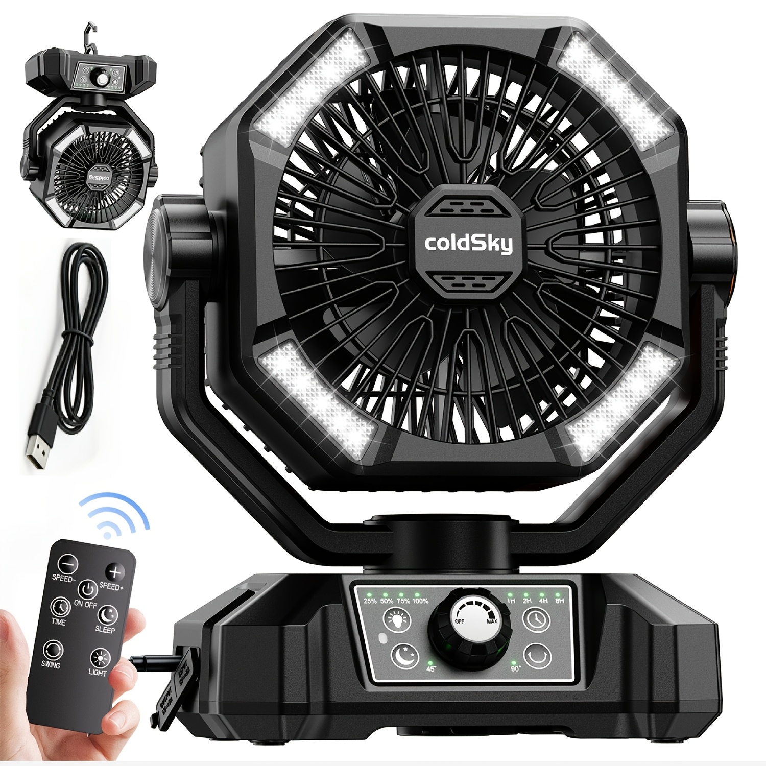 TEMU Camping Dual Motor, Battery Power Supply Fan, 4 Led Lanterns, 7-speed Speed Desktop Fan Belt Remote Control, Portable Outdoor Hook, Suitable For