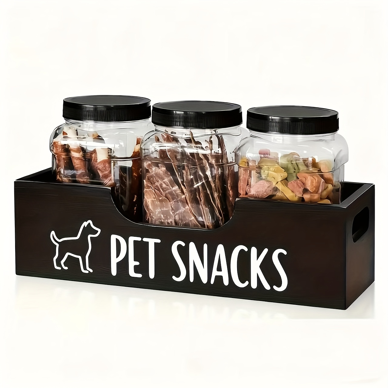 TEMU 3-jar Dog Treat Jar For Countertop - Airtight Wooden Pet Food Storage Container With Lids, Multi-jar Canine Treat Organizer For Puppy Food,