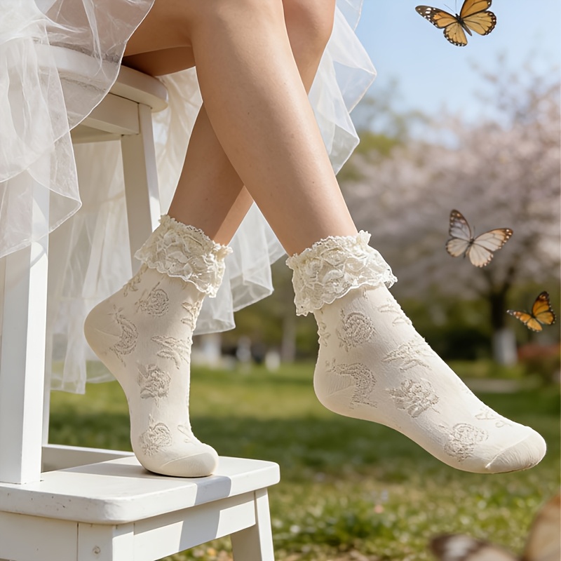 TEMU Pair Of Mid-calf Socks With Rose Floral Cut-out And Large Lace Trim, Comfortable, Soft, Sweet, And Cute, Suitable For Daily Wear