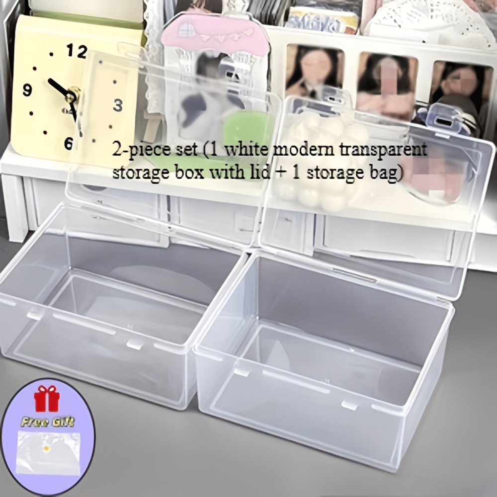 TEMU 2pcs Set (1pc White Modern Transparent Storage Box With Lid And 1pc Storage Bag) Sealed Stackable Desktop Storage Box Home Desktop/drawer Card