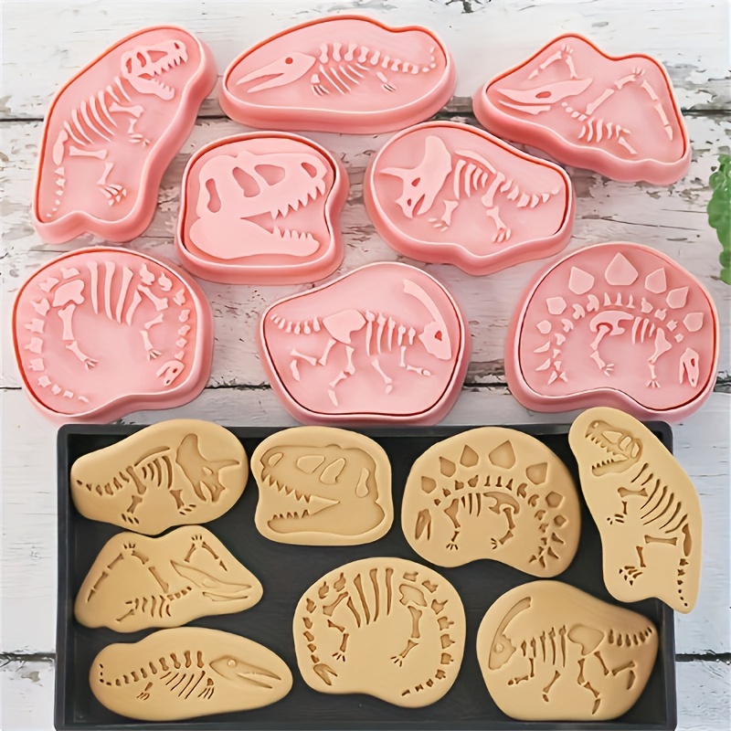 8pcs Dinosaur Fossil Cookie Cutter Set, Cartoon 3d Stamp Pressing And Cutting Tools For Fondant Baking