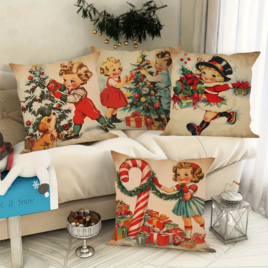 

4pcs Vintage Christmas Cushion Covers With Retro Children & Design, Velvet Print, Zippered 18x18 Inch Throw Covers For Home Party, Sofa, Living Room, Office Decor, Cover Only