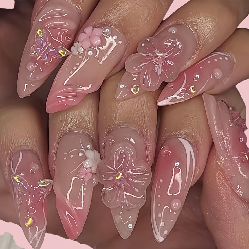 

24-piece Nude Shaped Press On Nails With 3d Butterfly And Floral Accents, Medium Length, & Animal Pattern, , Complete Set For Women With Nail File And Jelly Glue