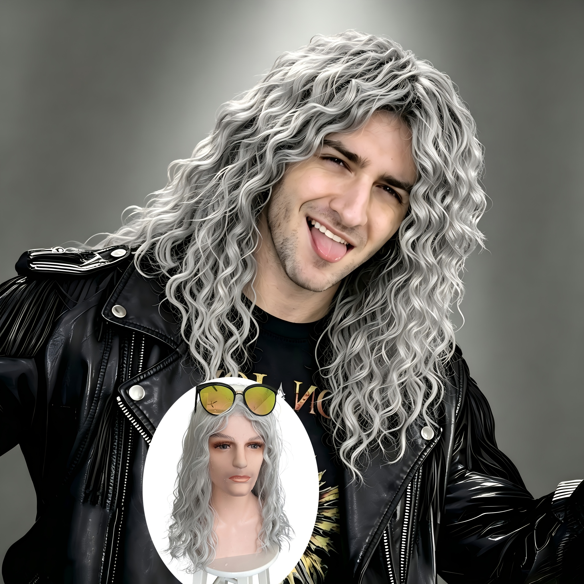 mens 80s rockstar mullet wig long curly white synthetic hair texture and looking for halloween cosplay costume party