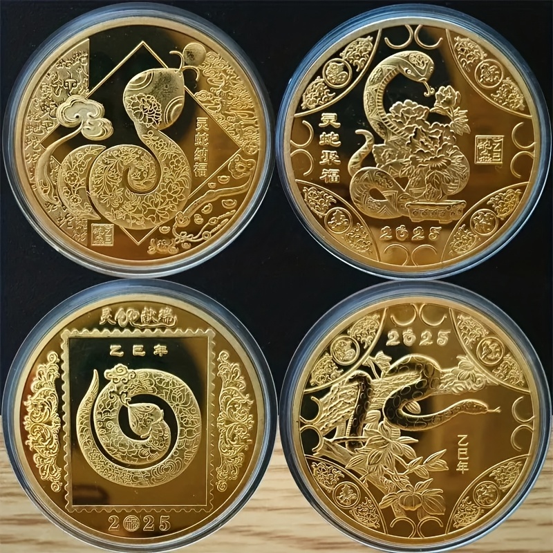 

4pcs 2025 Snake Commemorative Coin Set - Chinese Zodiac Gold-plated Iron , Birthday And Holiday Gift, Collectible , Non-electrical, Featherless, Suitable For 14+