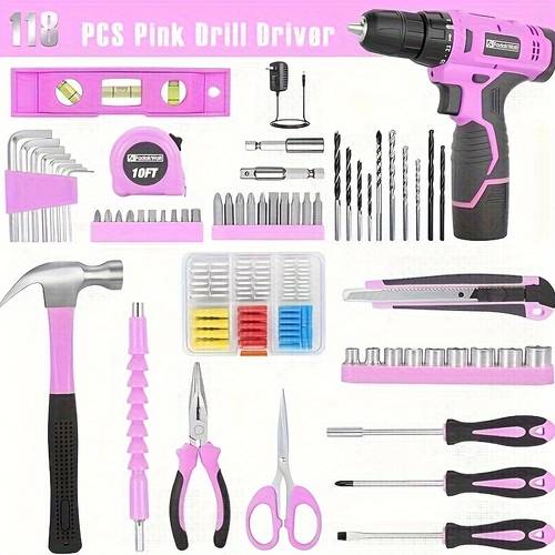 118pcs Pink 12V Cordless Drill Set - Electric Drill Drive & Household Tools Kit with DIY Cordless Electric Screwdriver, LEDs & 180 Inches Of Torque for