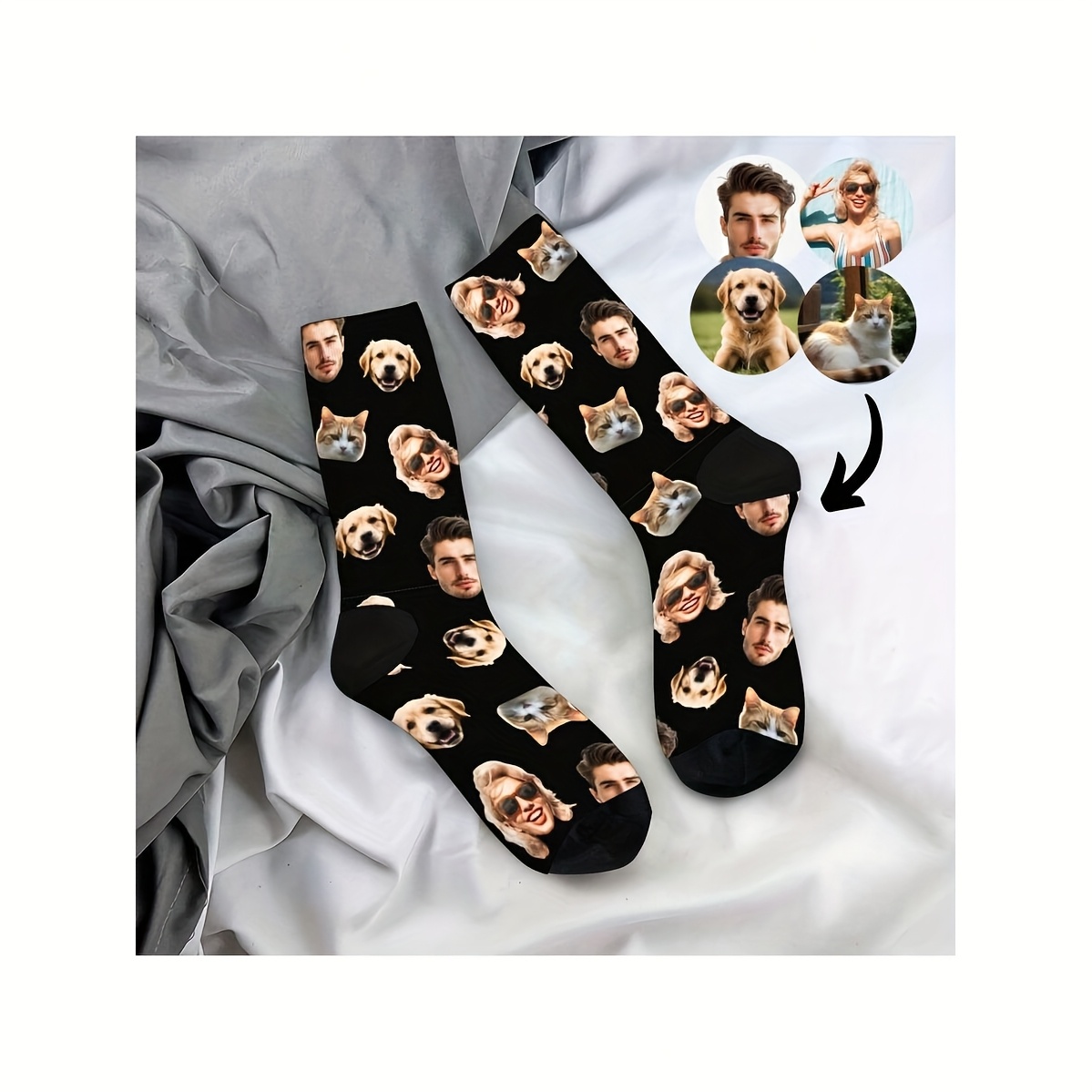 TEMU [custom Photo Face Socks] Personalized Diy Custom Photo Face Socks For Men | 1 Pair Mid-calf Novelty Socks With Your Own Images, Unique Gift