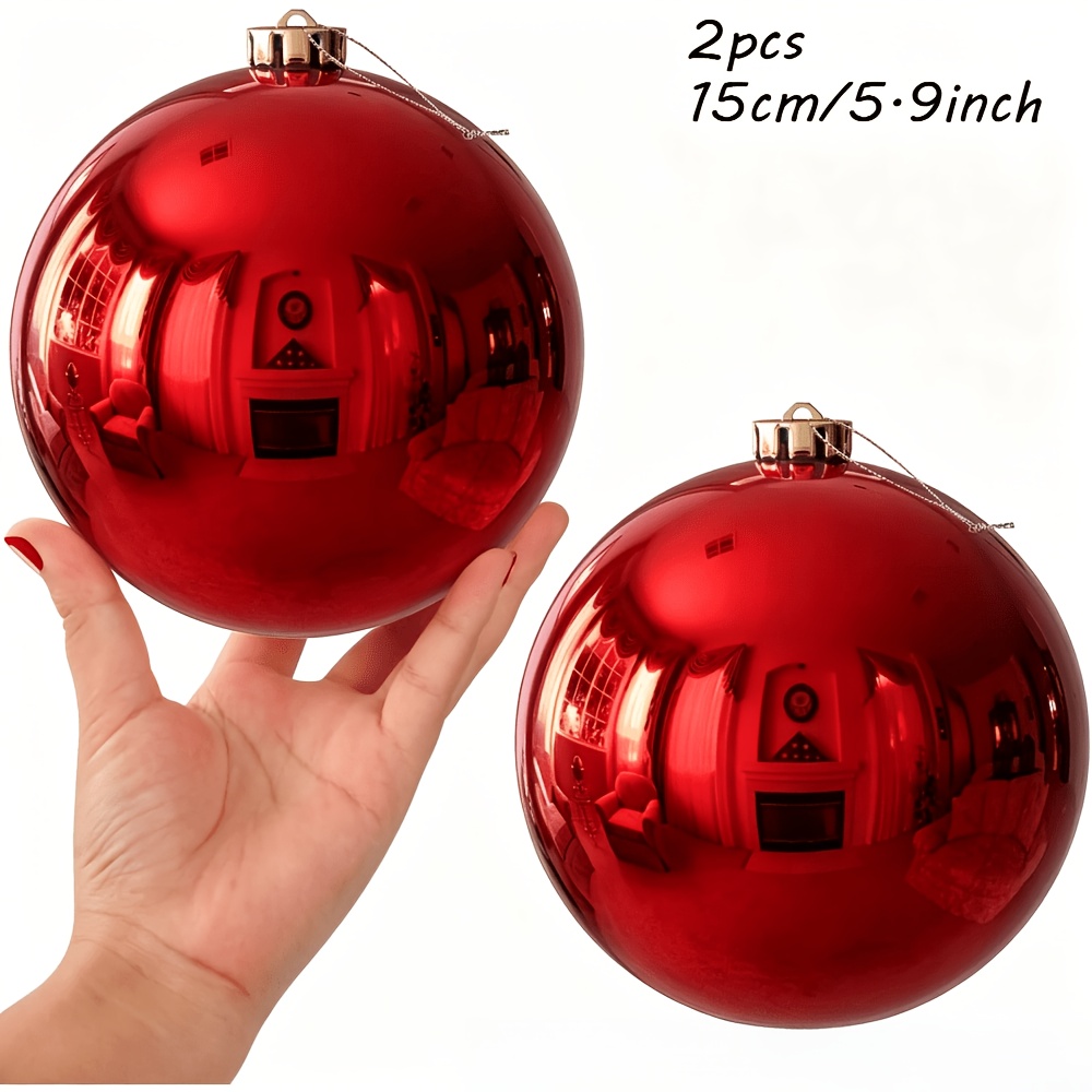 TEMU 2pcs Large 6inch/15cm Red Metallic Plastic Spherical Christmas Tree Topper With Hanging Cap/ring - Round Ornament Suitable For Indoor/outdoor