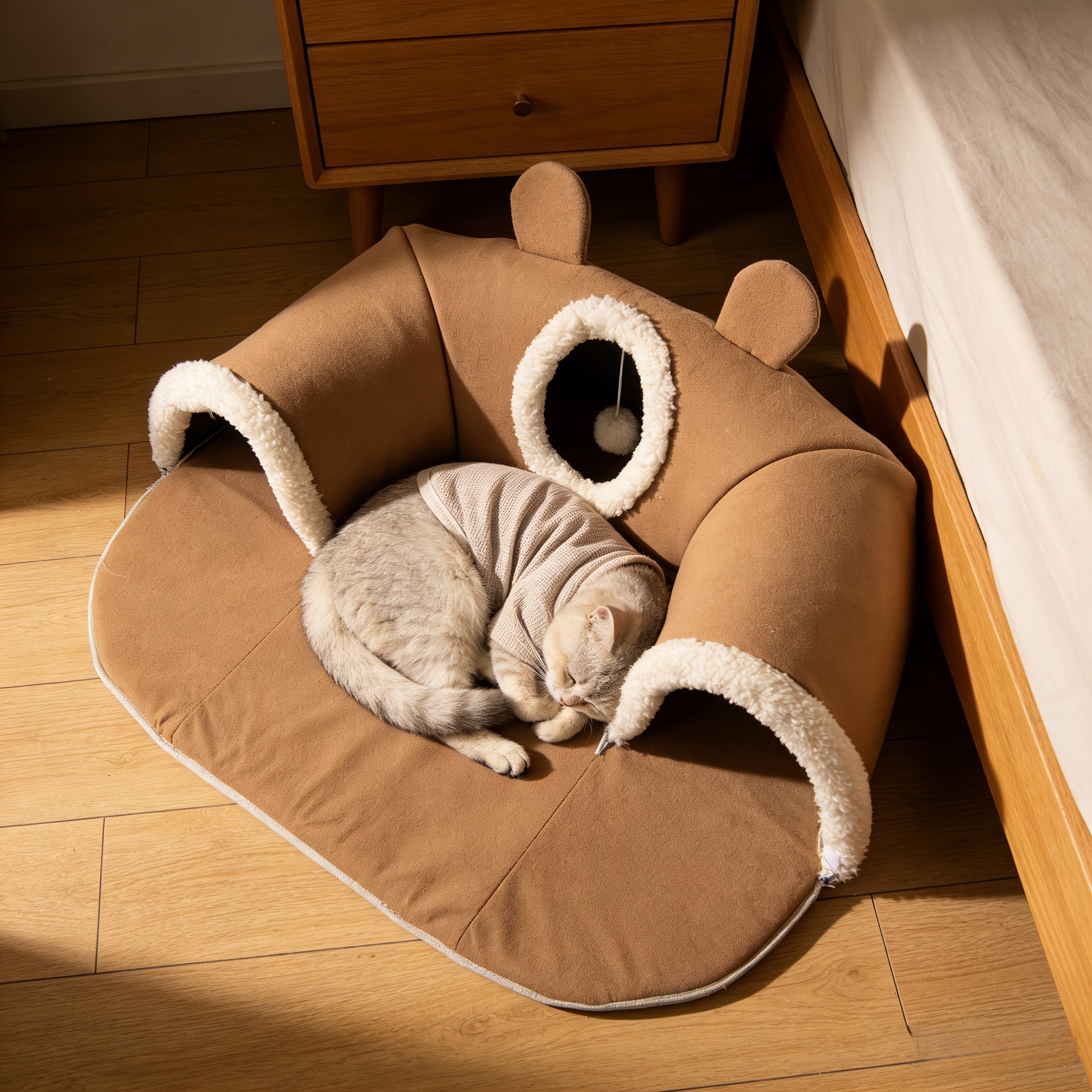 Cute Bear-Shaped Cat Bed Tunnel, Detachable & Washable