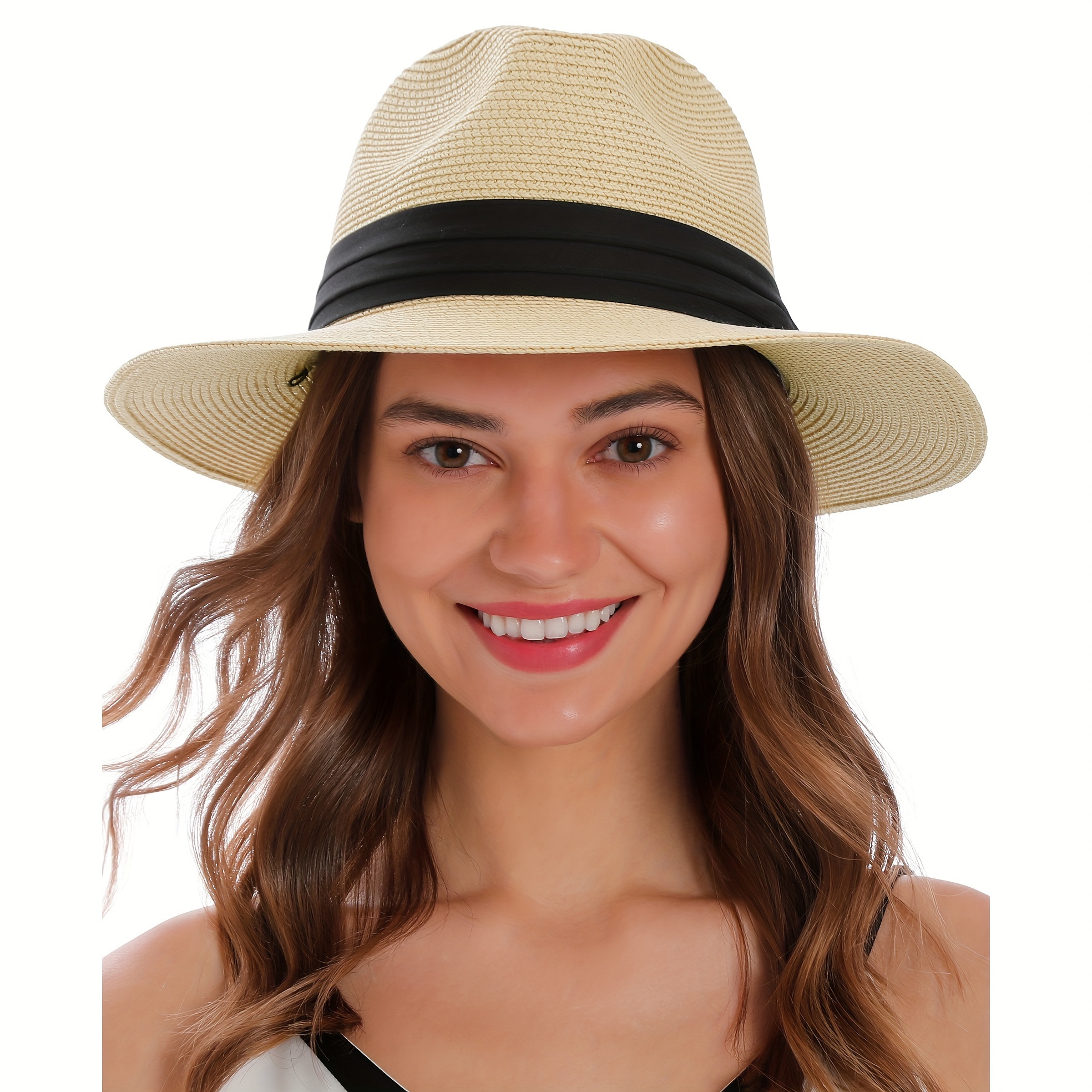 

Ladies Adult Panama Straw Hat With Windproof Rope Top Hat Sunshade British Sun Hat Foldable Beach Hat