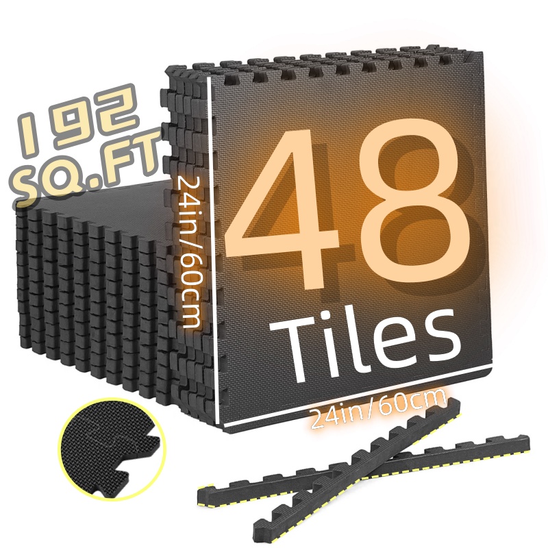 Image of Interlocking Floor Tiles, 24" X 24" / 60cm X 60cm Fitness Mat, Includes 48 Eva , Home Gym Flooring, Mat For Fitness Equipment, Non-slip, Shock-absorbing, Quick-install, Thickened Exercise Mat
