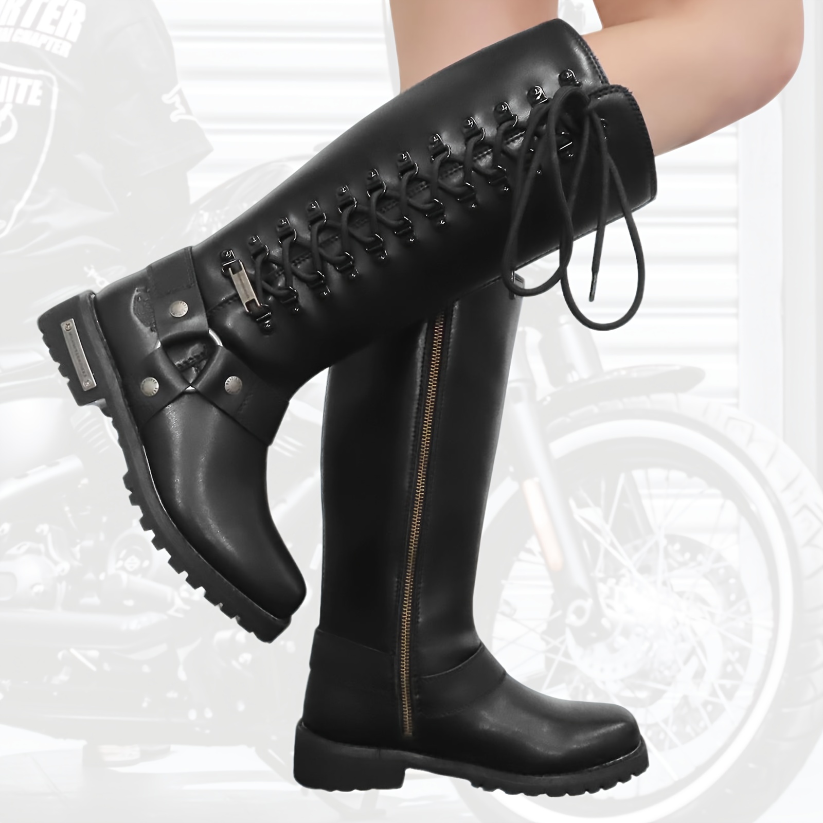 靴 grained leather long lace up boots Tejiojio Clearance Fashion Hasp Lacing Thick-soled Large