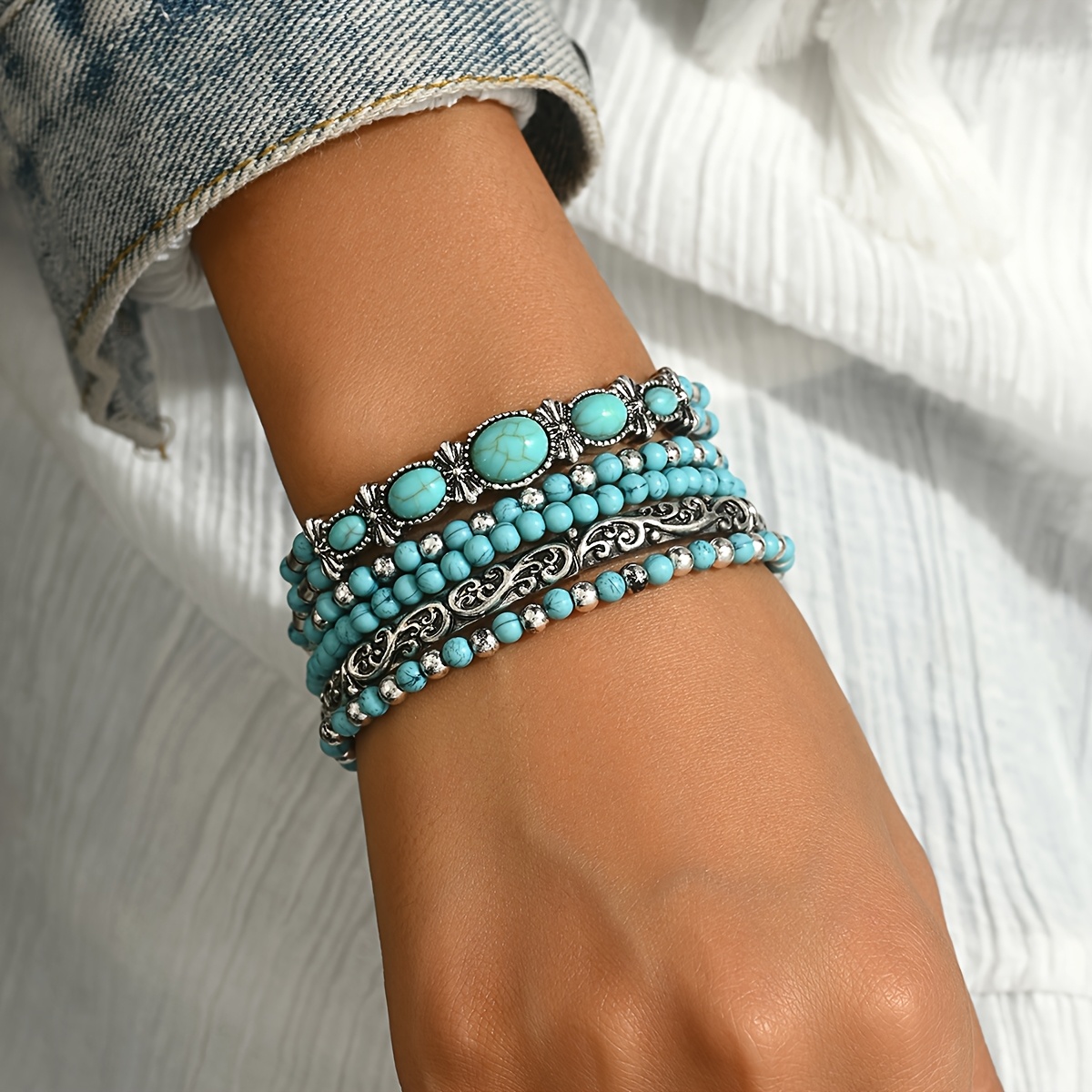 TEMU 5pcs Turquoise Bracelet Set Suitable For Women - Plated Stackable Beaded Jewelry, Bohemian Wedding & Gift Bracelets With Artificial Turquoise