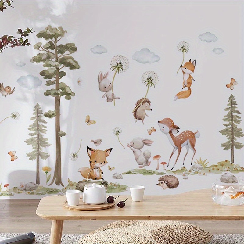 Fox And Pine Tree Stickers, Self-adhesive Removable Pvc Wall Decals For Living Room, Kitchen, And Bedroom Decor