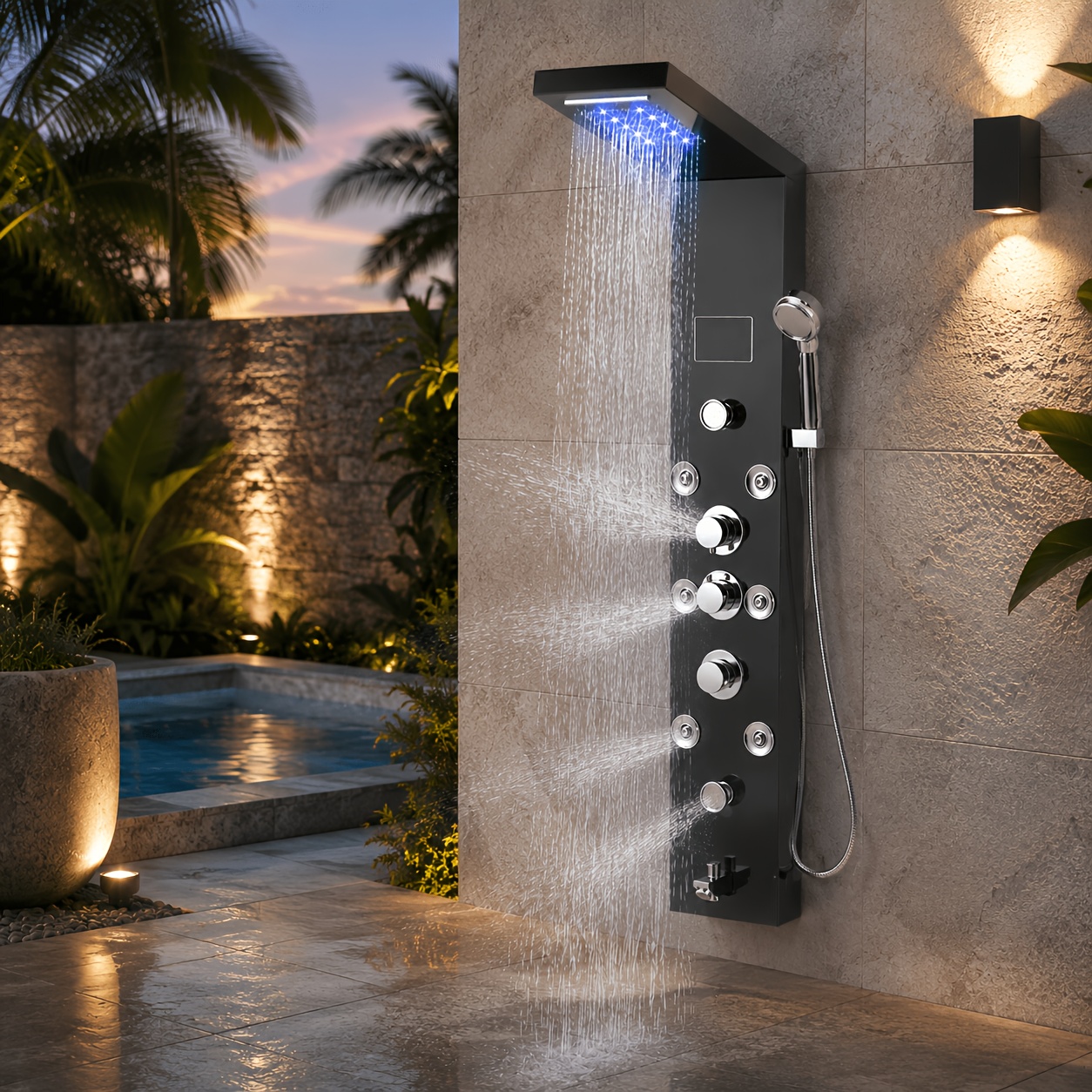Outdoor Shower Panel Wall Mount Shower System Mutil-function Patio Shower With , Waterfall, Hand Sprayer, Massage Body & Tub Spout For Poolside Swimming Backyard Courtyard Spa